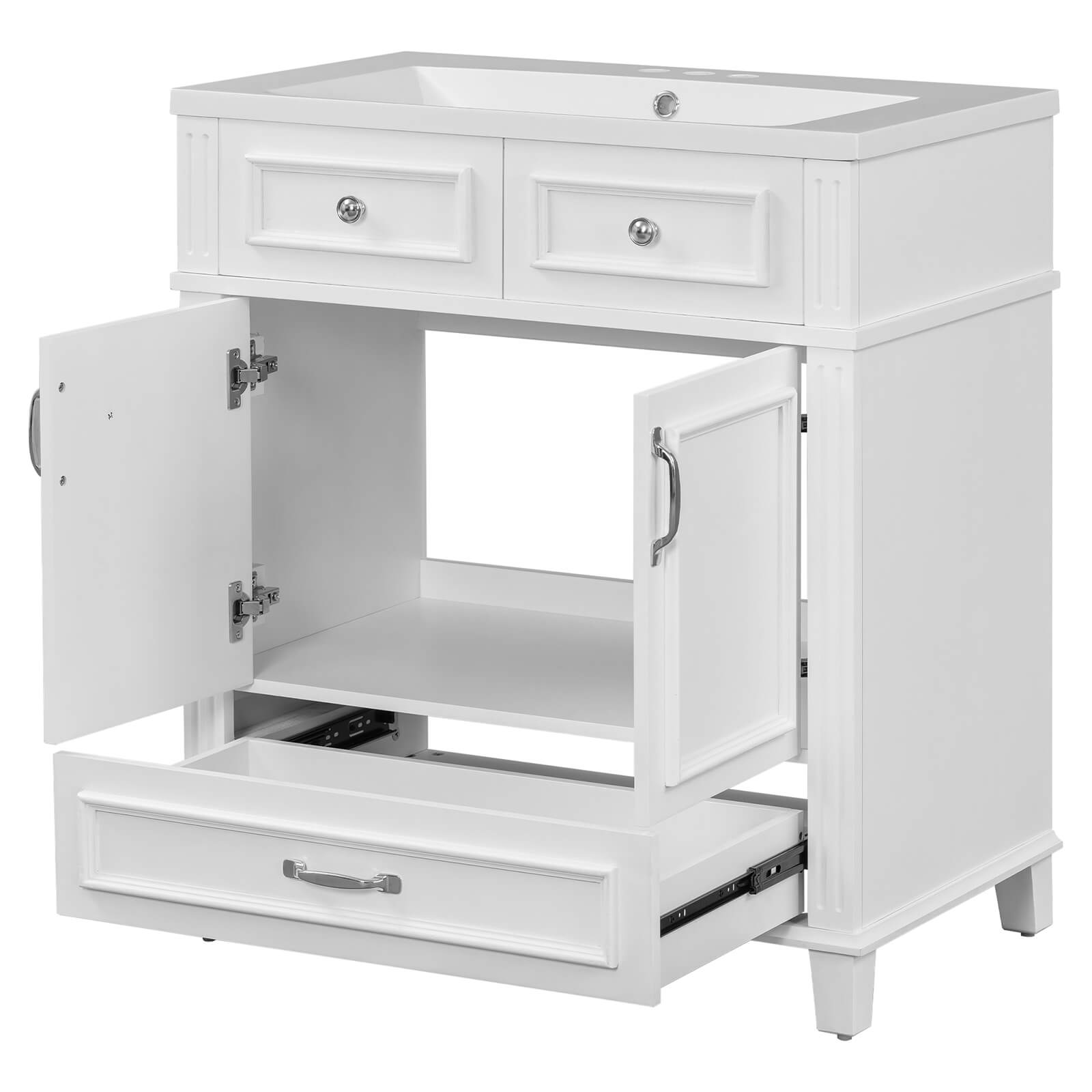 Minimalist white bathroom cabinet with silver handles