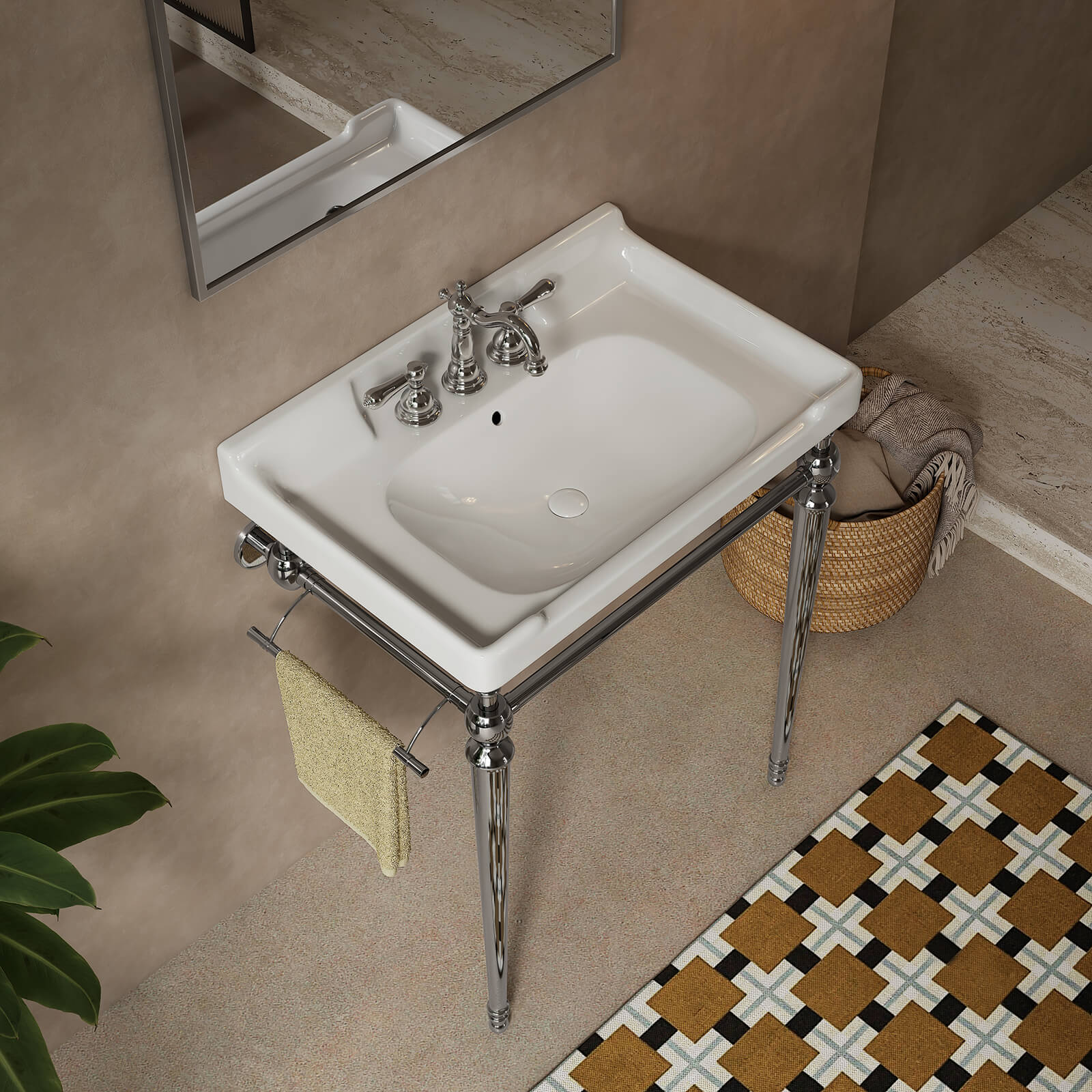 Minimalist white console sink with shiny chrome support