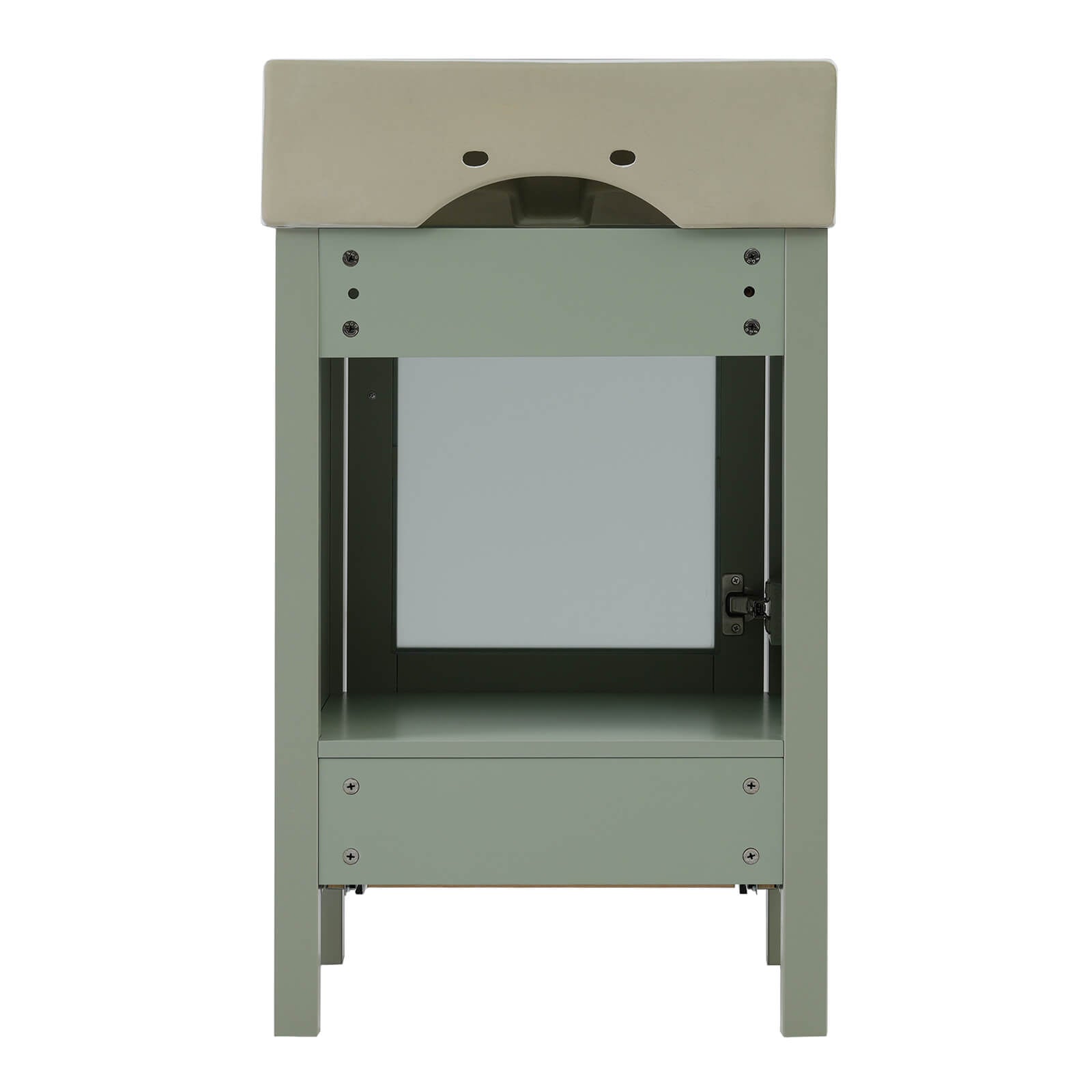 Minimalist green bathroom vanity with frosted glass and drawer