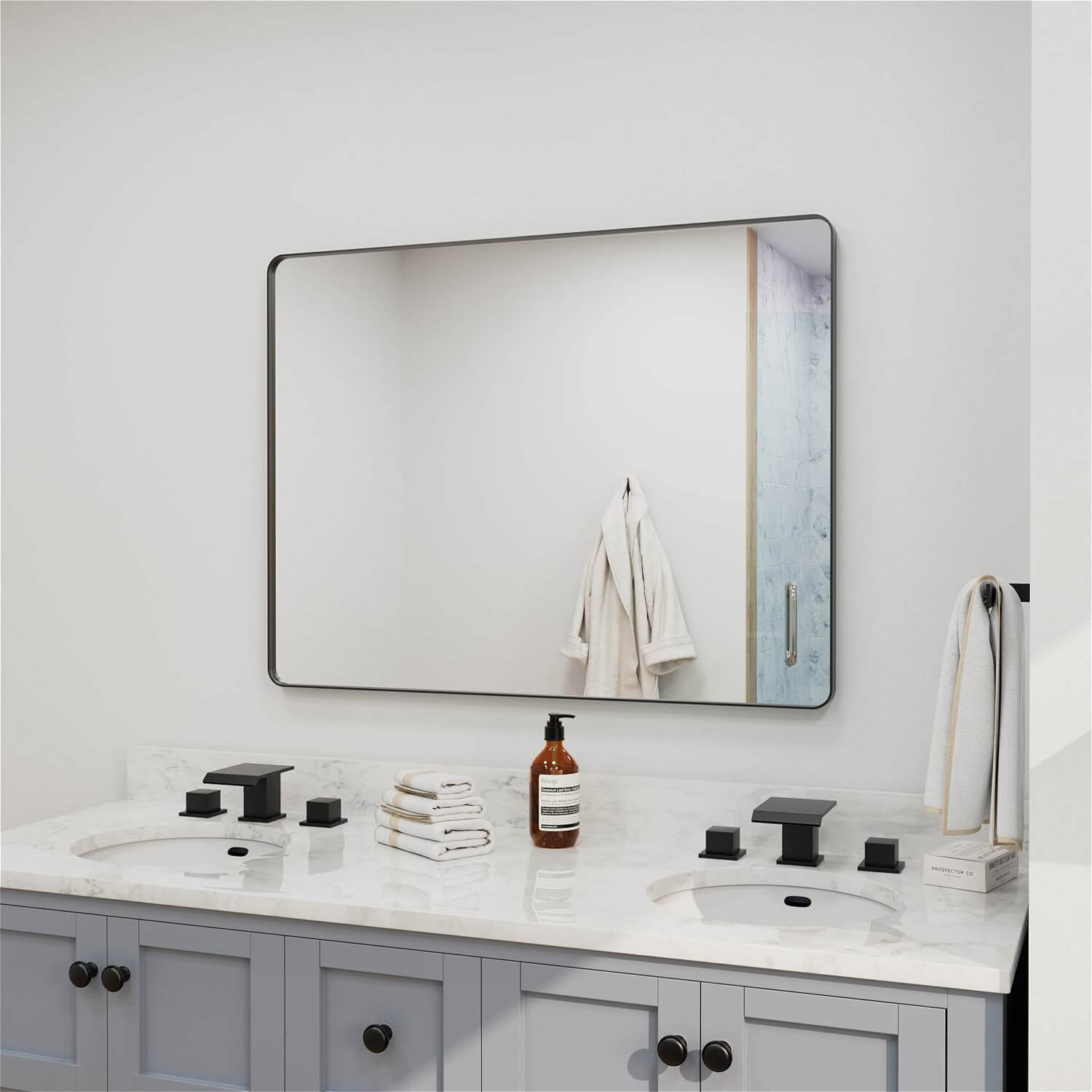 Minimalist oversized black framed rectangular bathroom mirror