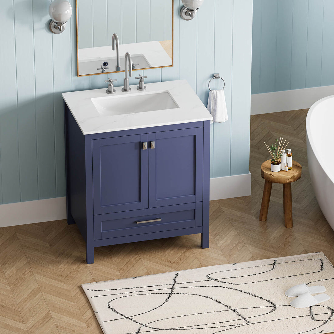Modern 30 inch blue bathroom vanity with engineered stone countertop