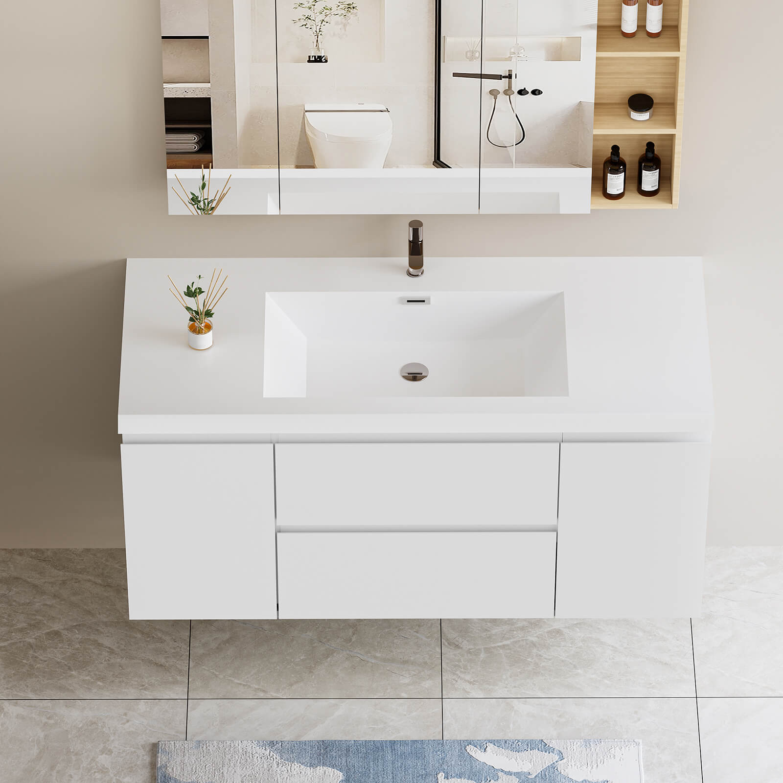 Modern 48 inch wall mounted bathroom vanity with resin sink