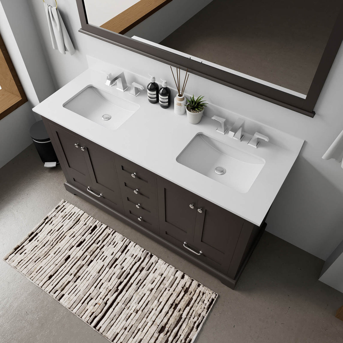 Modern 60 in espresso bathroom vanity featuring soft close drawers and undermount sink design