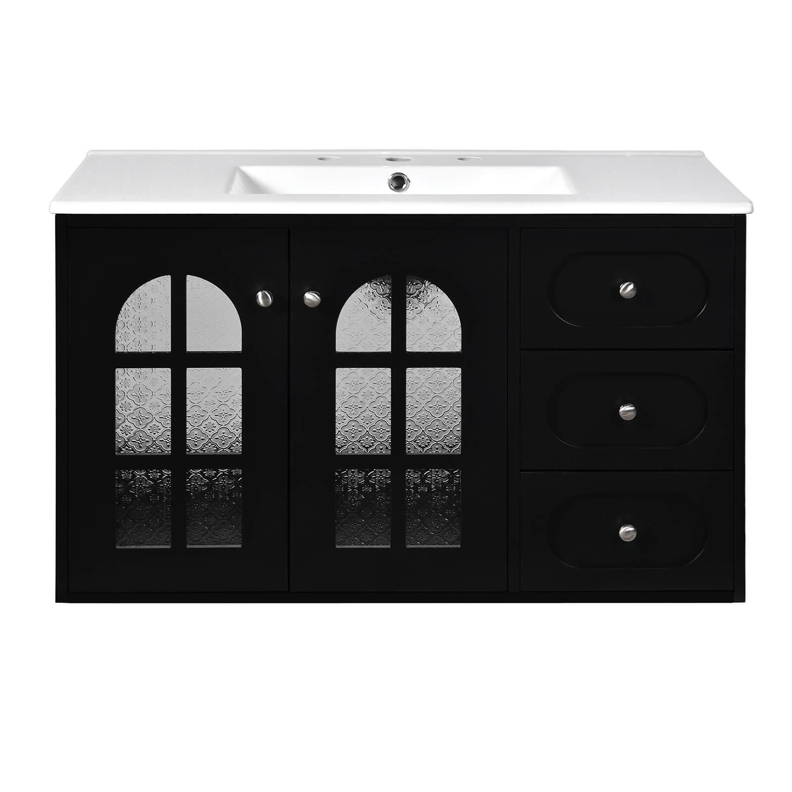 Modern Black Bathroom Vanity with Semi Transparent Glass Panels _ 36 Inches
