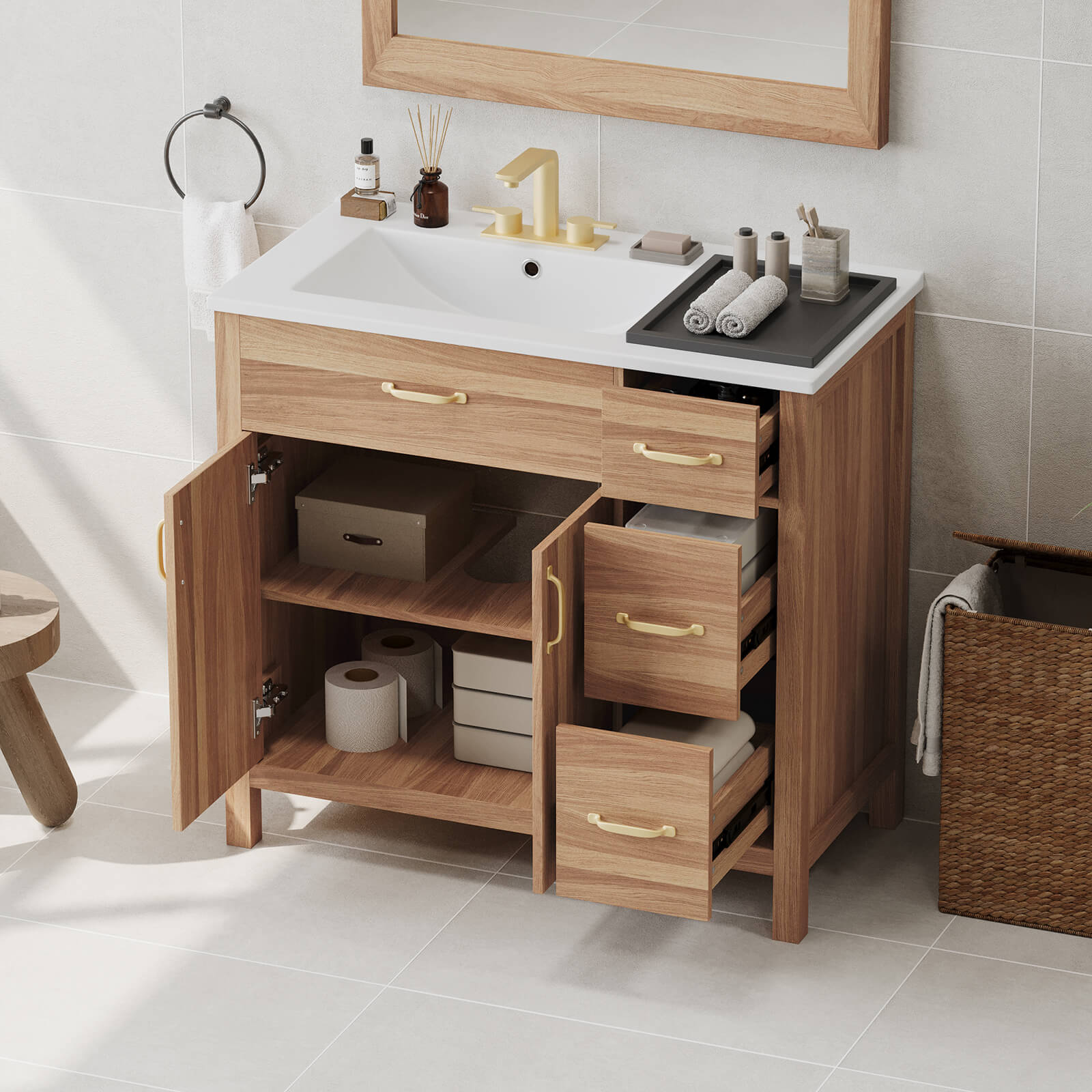 Modern Light Wood Vanity with Soft Close Drawers and Doors