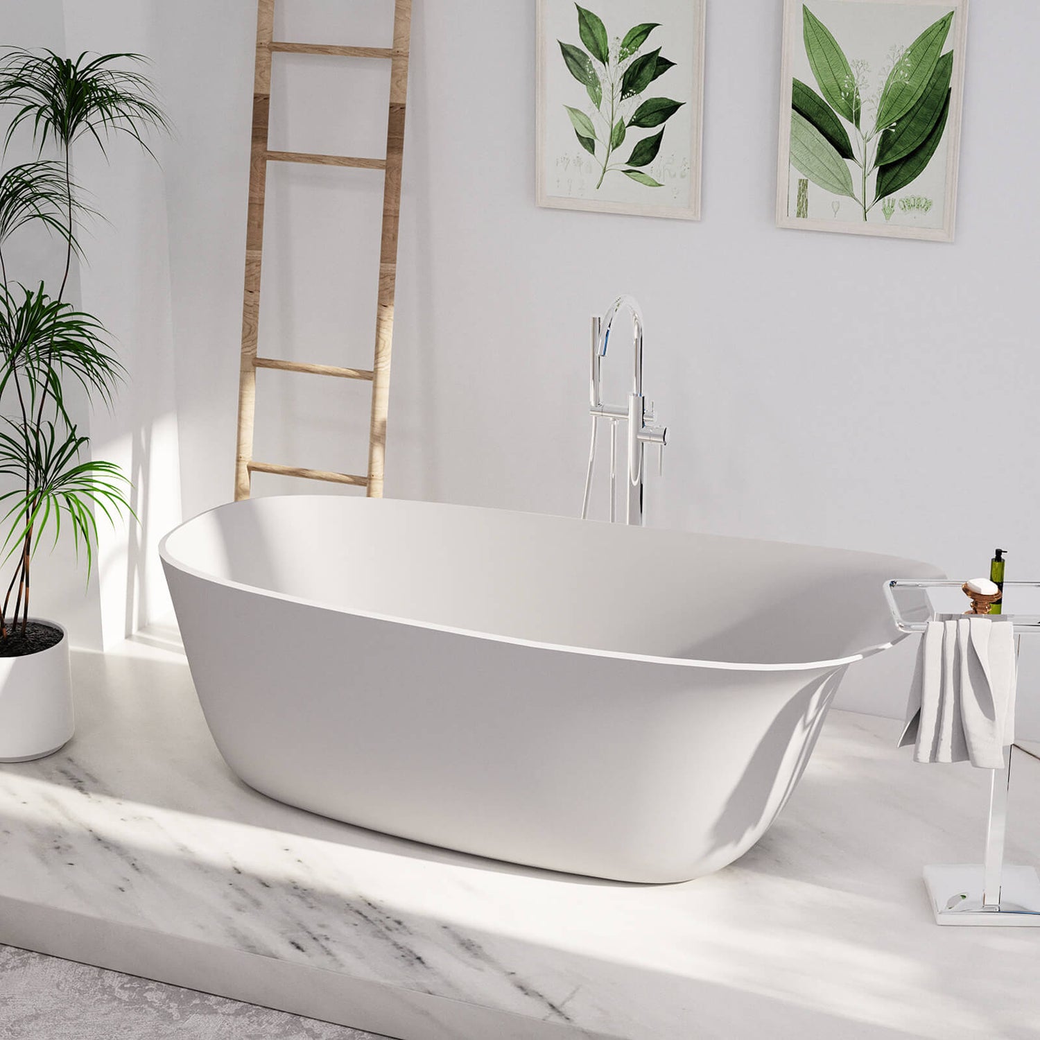 Modern bathroom with 63 in freestanding slipper tub