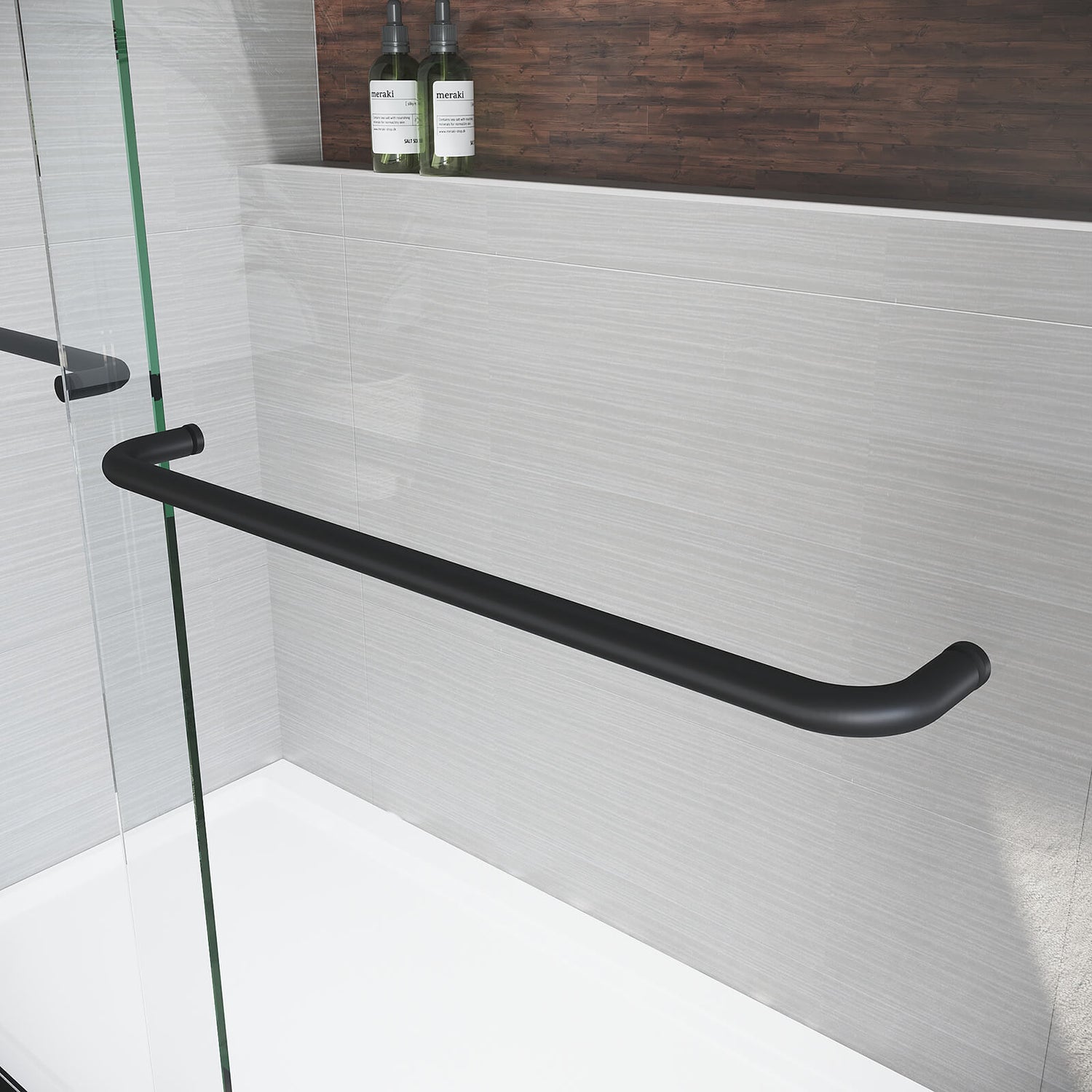 Modern black bathtub door with stainless steel handle