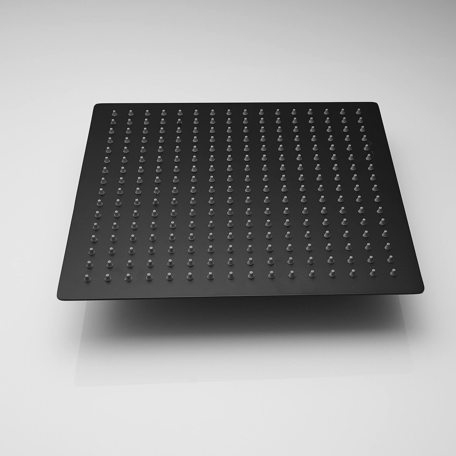 Modern black rainfall shower head close up