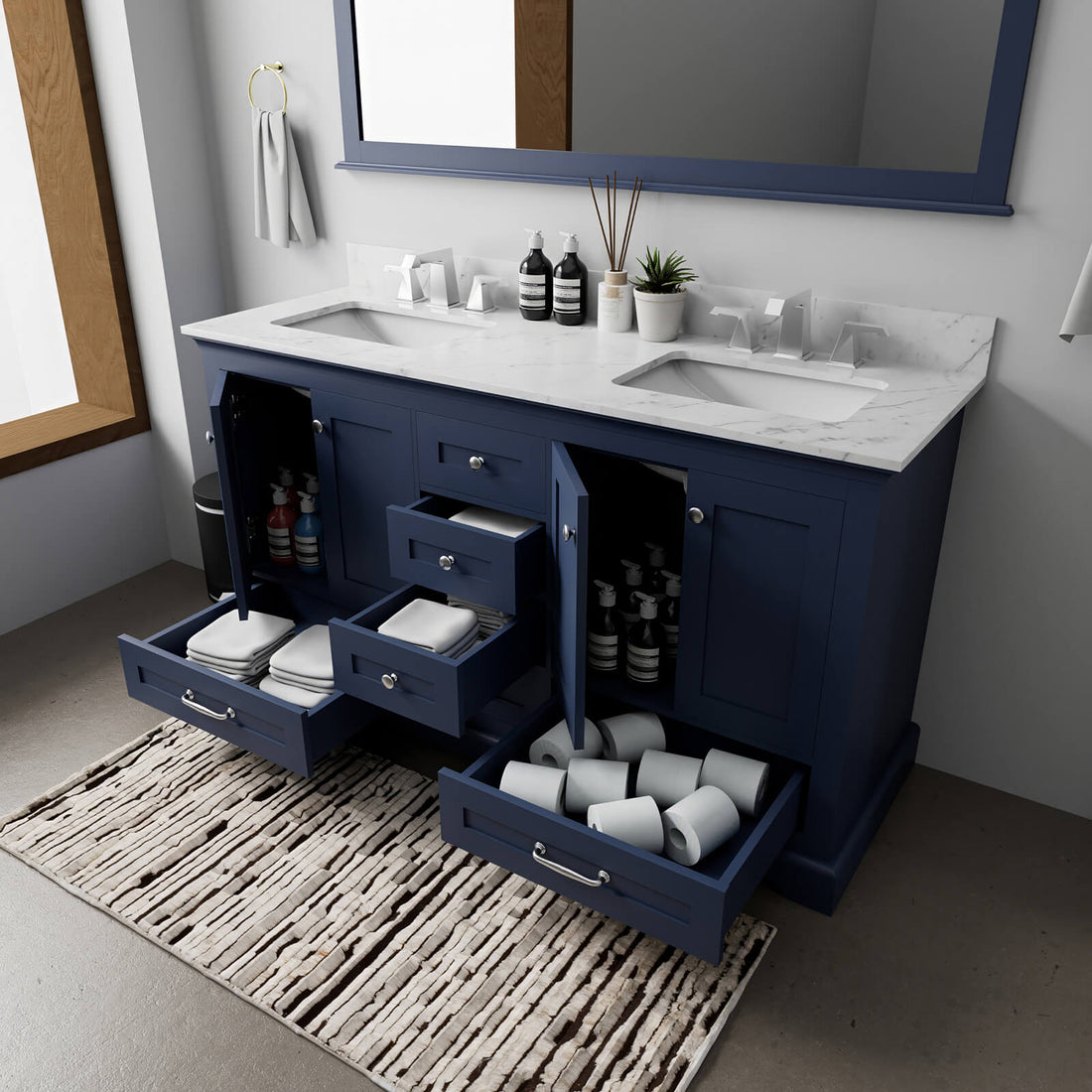 Modern blue bathroom vanity with dual sinks and soft close drawers
