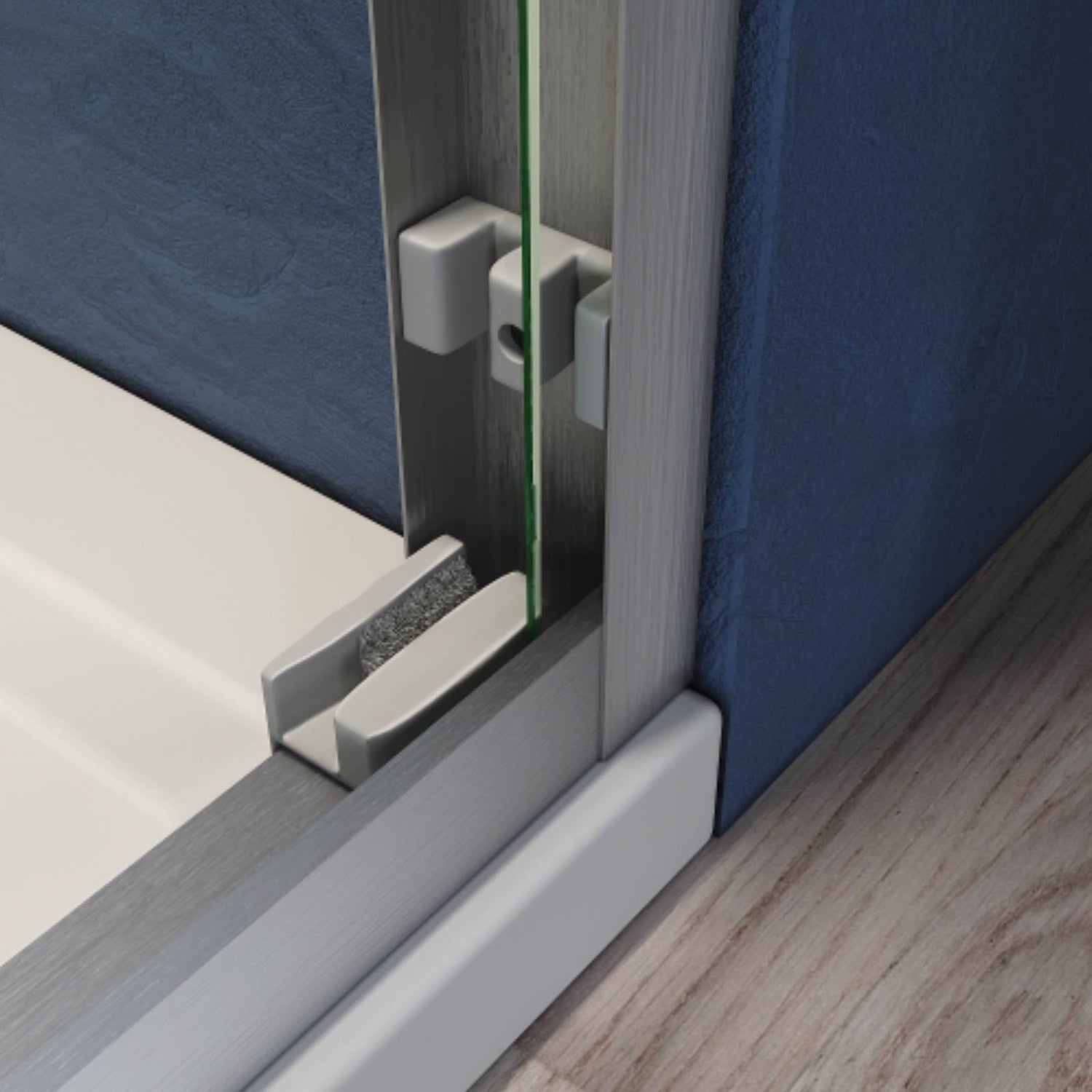 Modern brushed nickel tub door with stainless steel rail