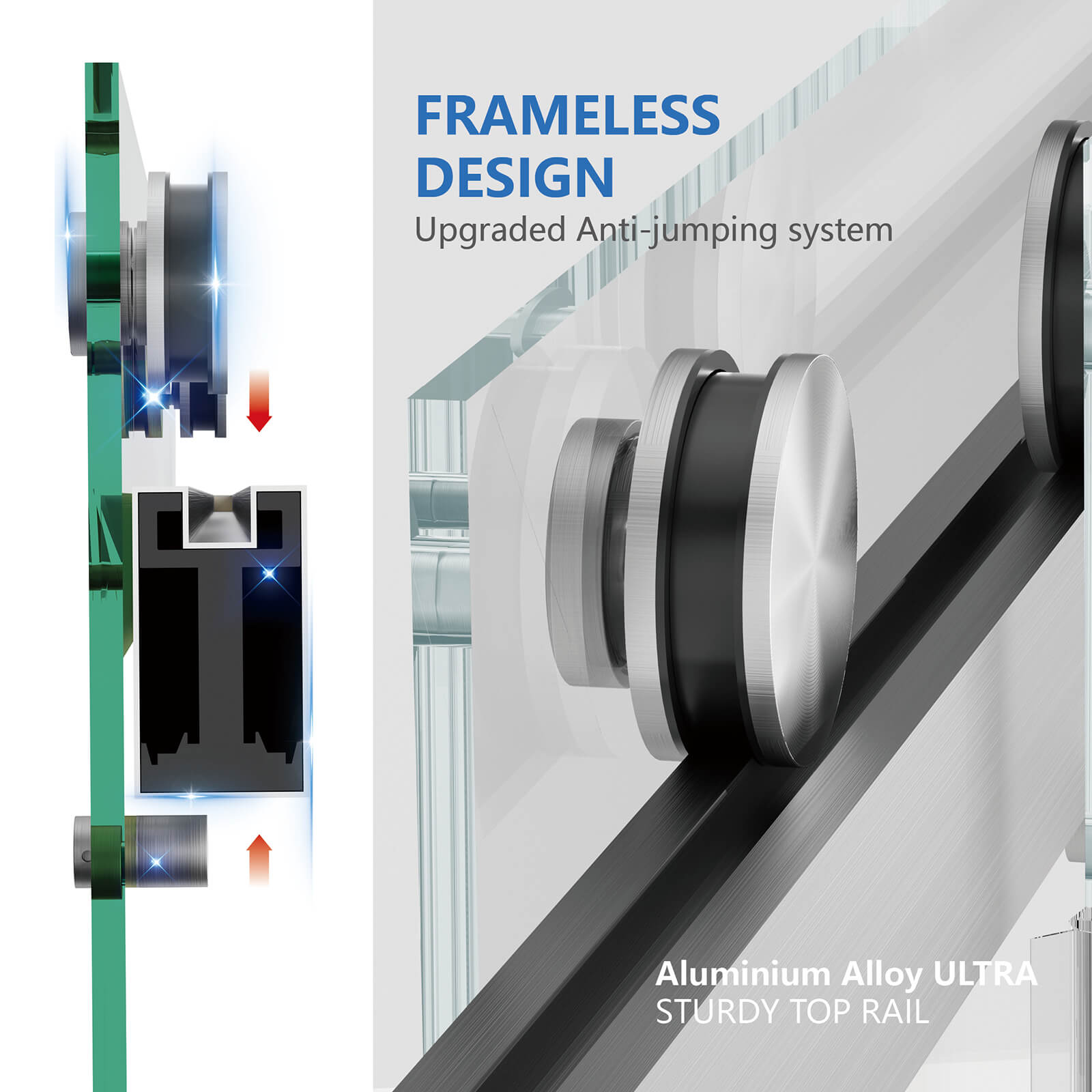 Modern frameless shower door with stainless steel hardware