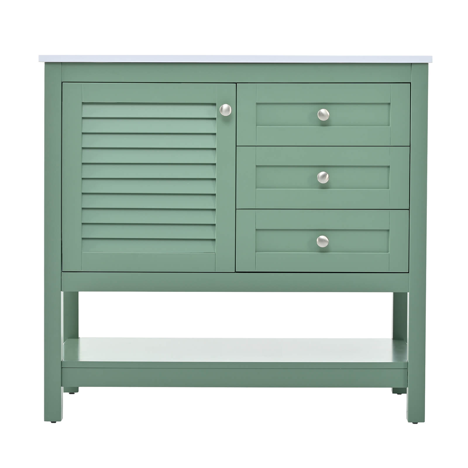 Modern minimalist bathroom vanity with green color scheme and louvered doors