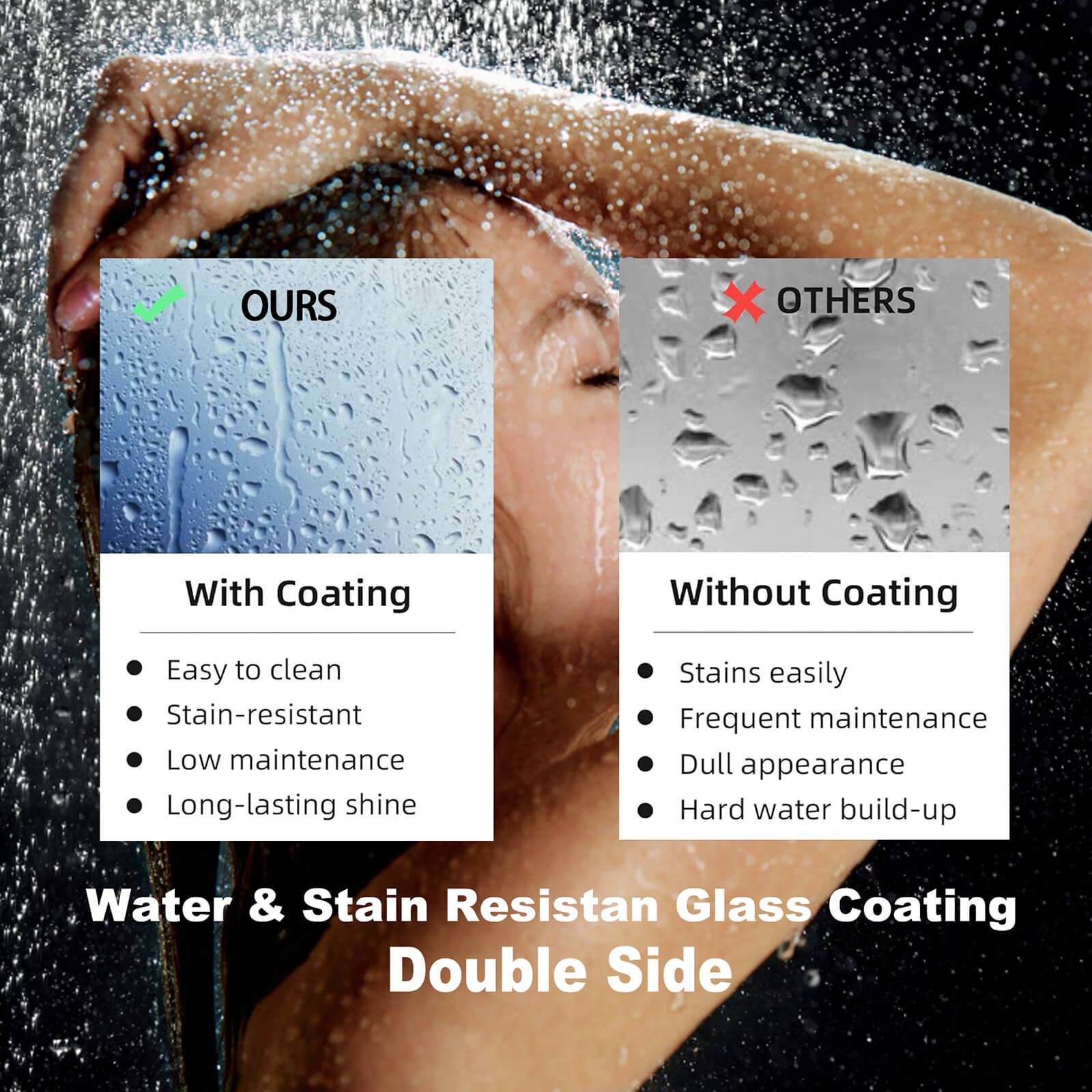 Modern shower door with dual nano coated glass panels