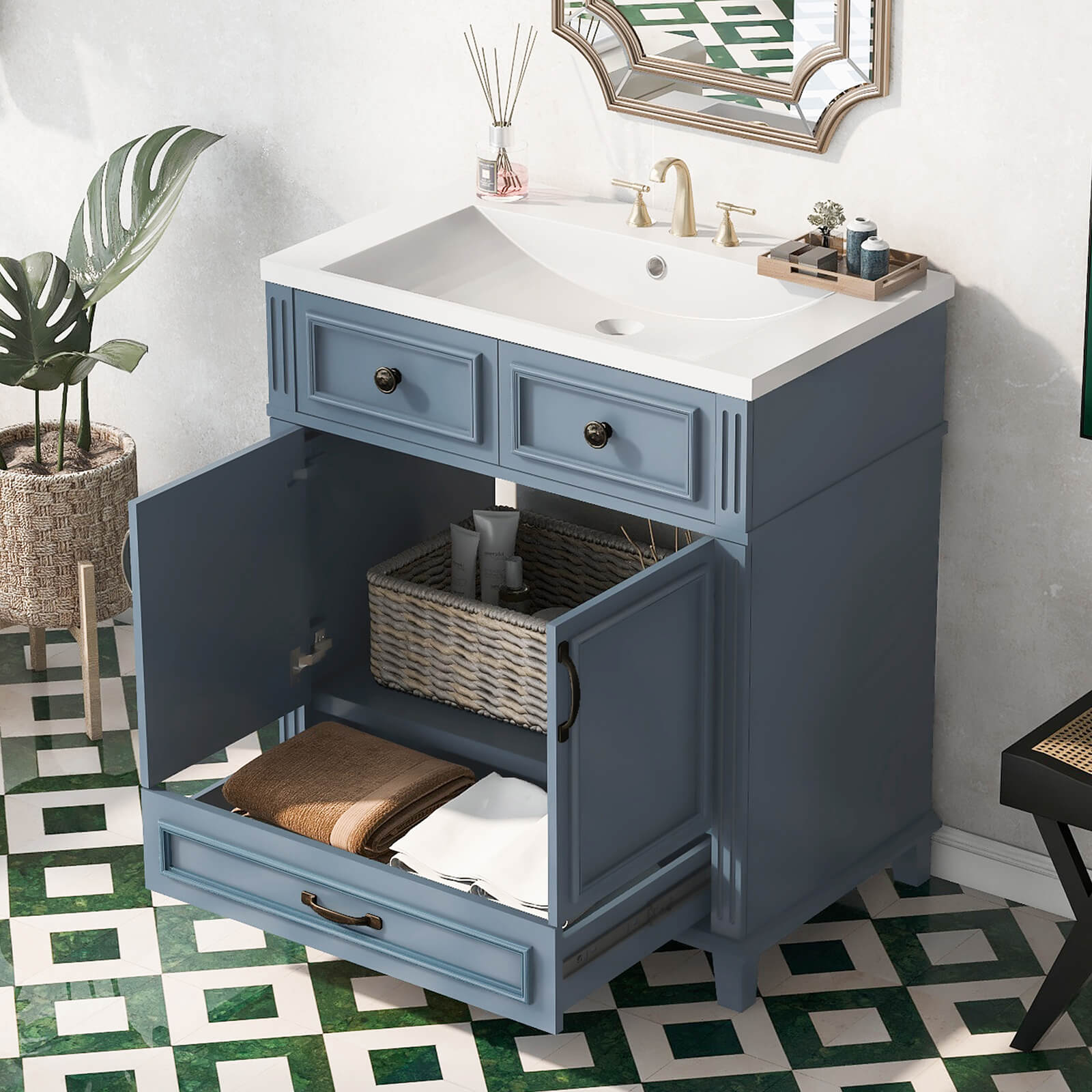 Modern single sink vanity in blue gray with black handles