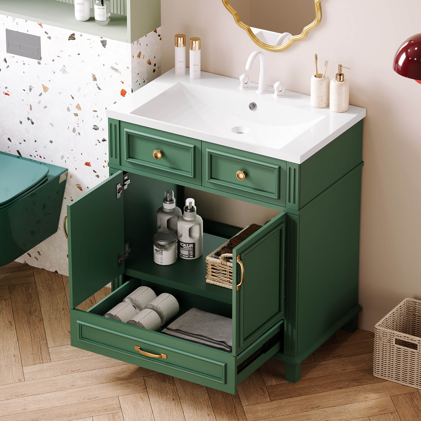 Modern single sink vanity with gold handles