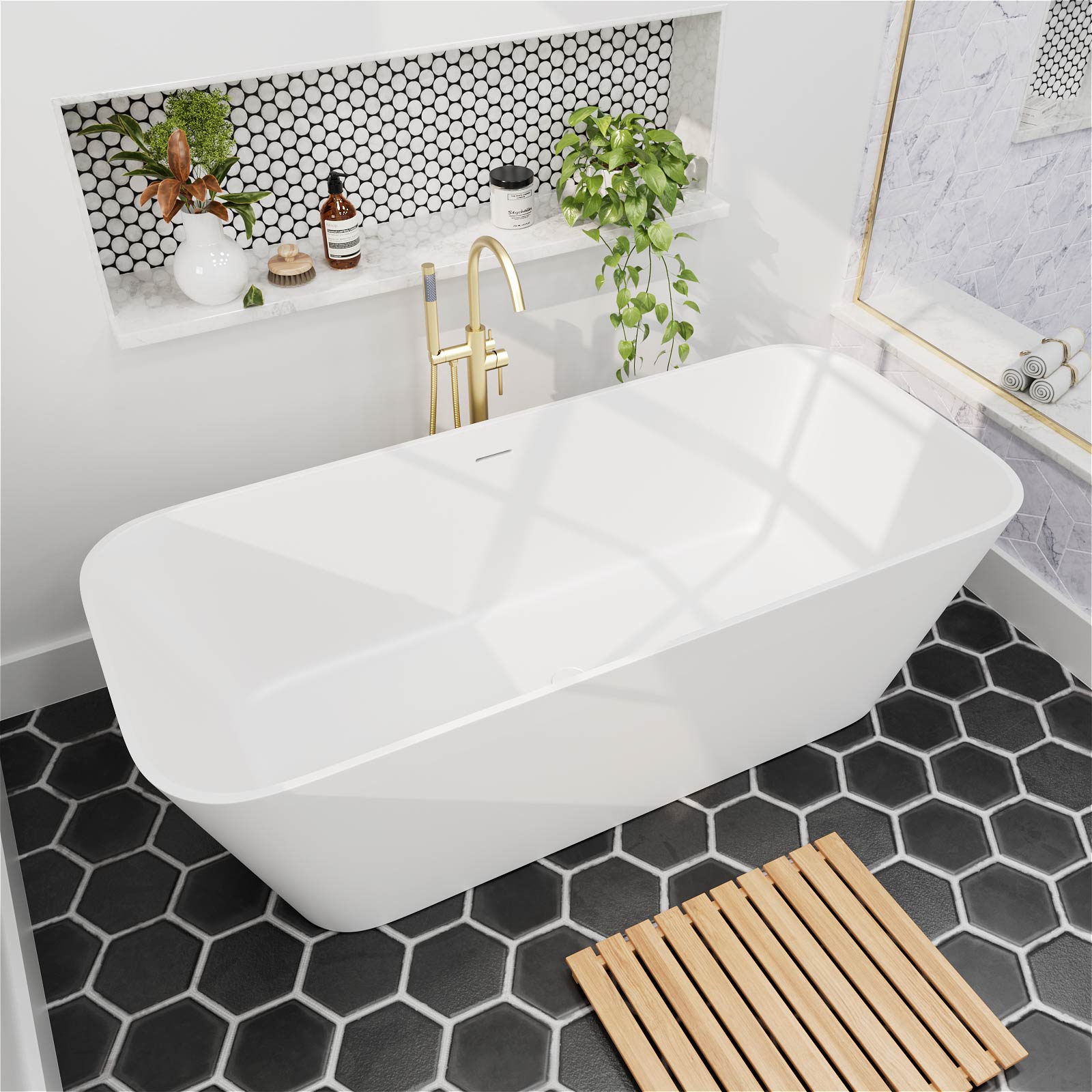Modern solid surface freestanding tub with clean lines