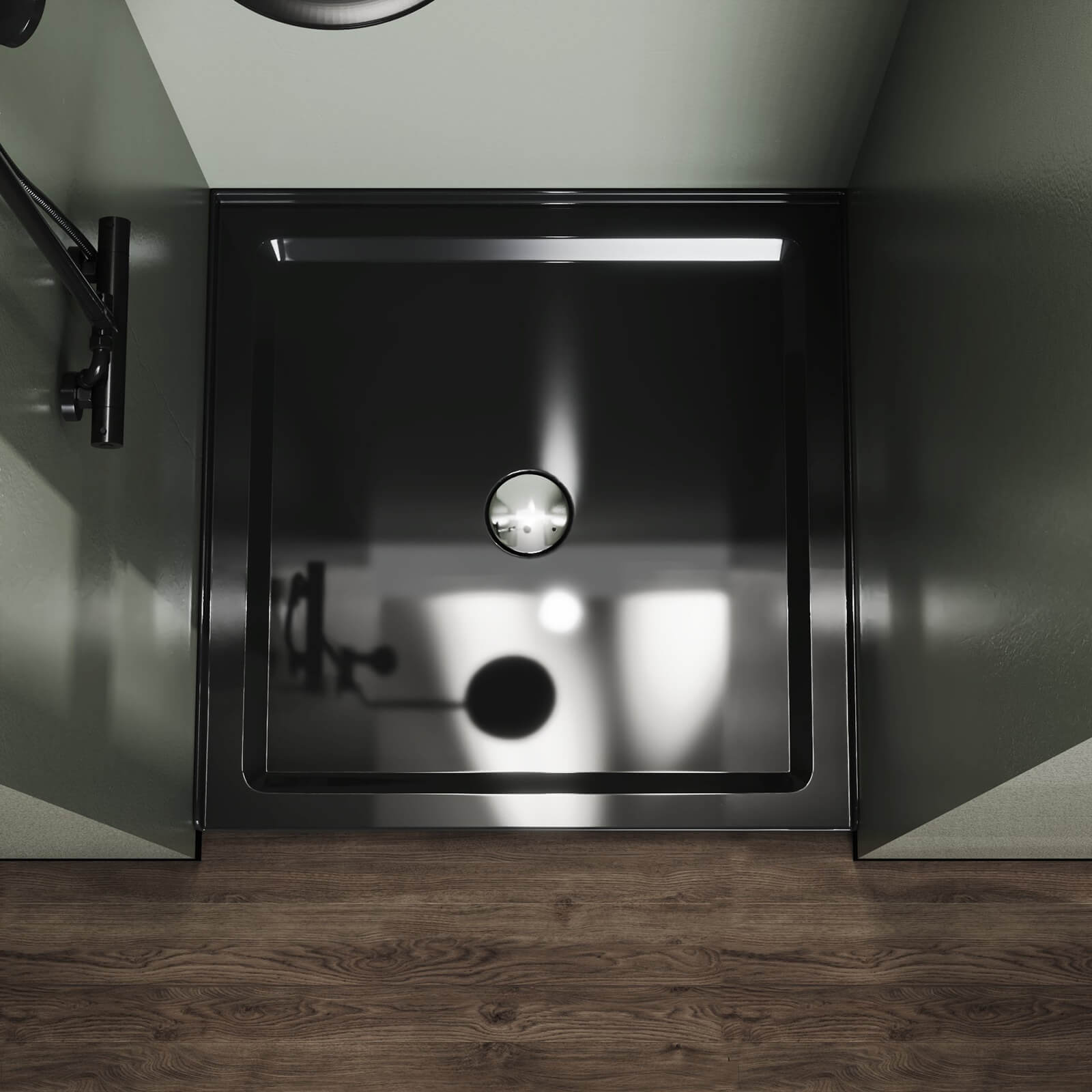Modern square black shower pan with glossy finish