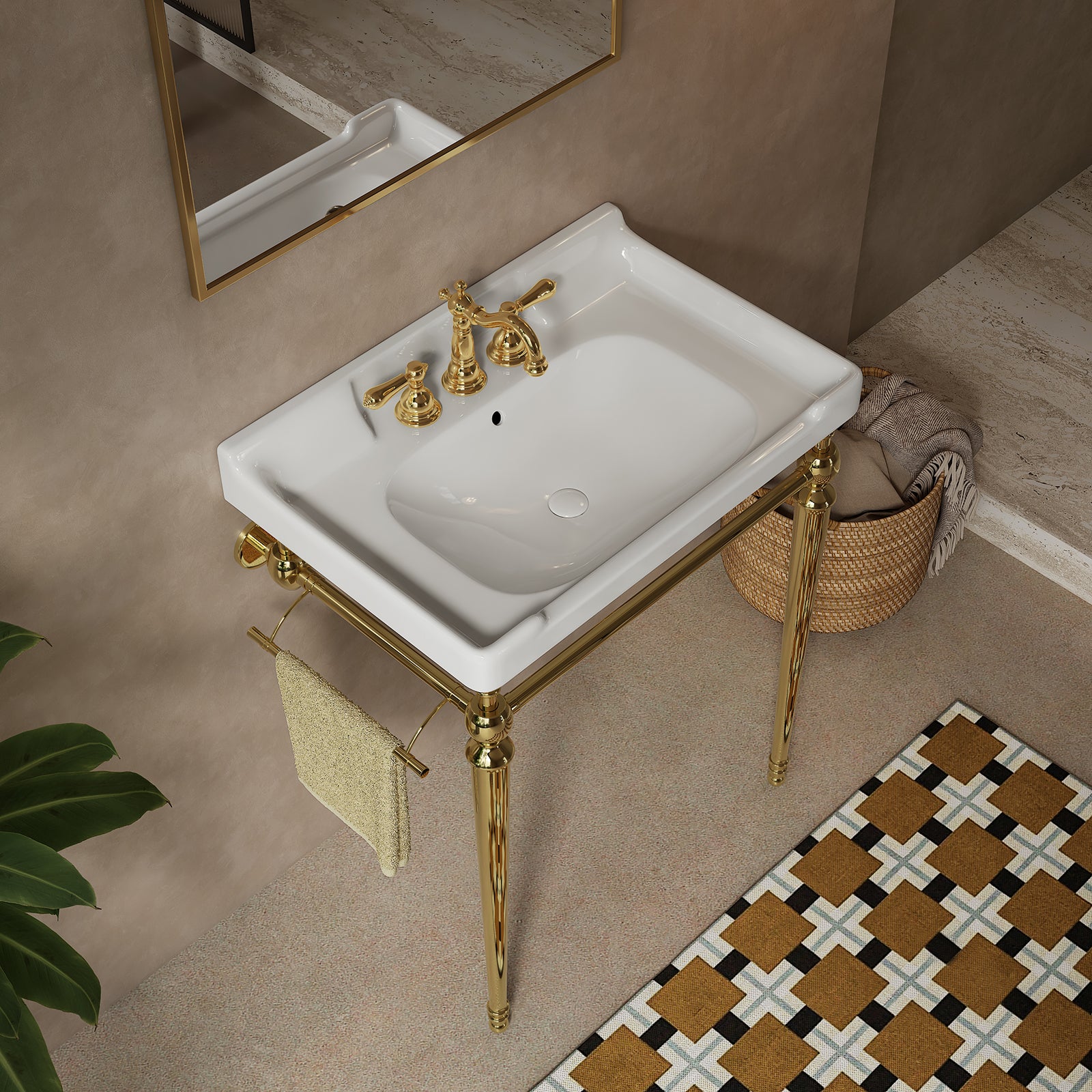 Modern white bathroom console sink with gold accents