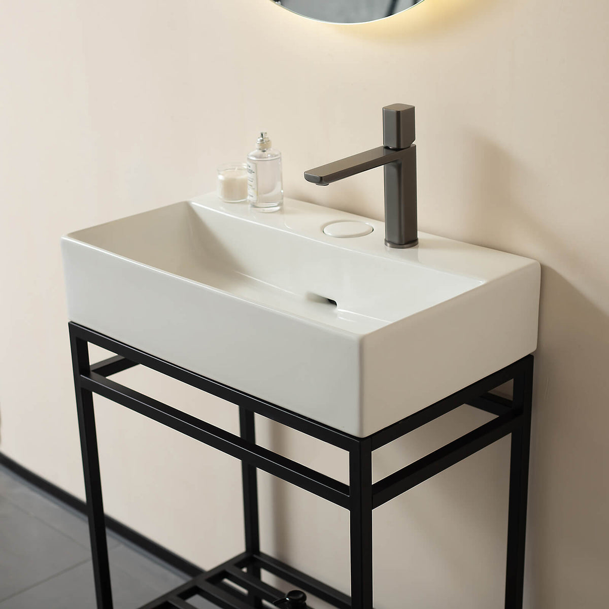 Modern white bathroom sink with narrow depth design