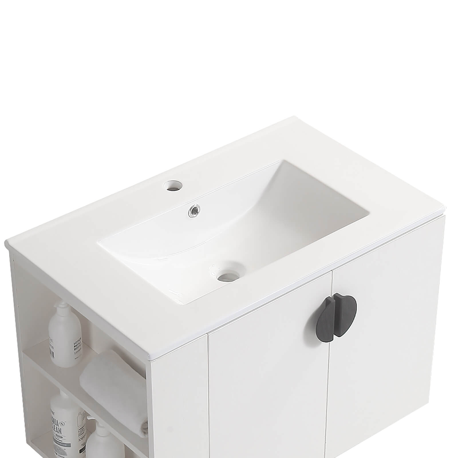 Modern white floating vanity with side open shelf