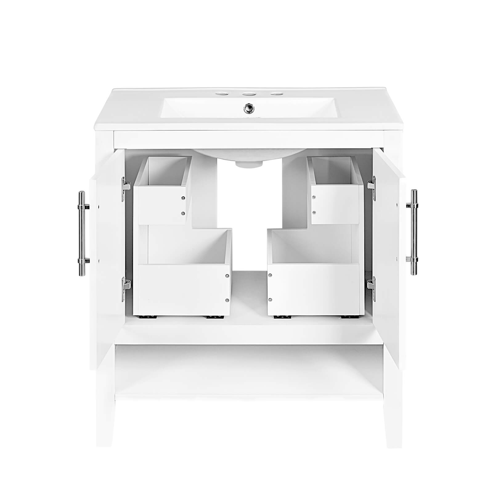 Modern white vanity with open bottom storage shelf