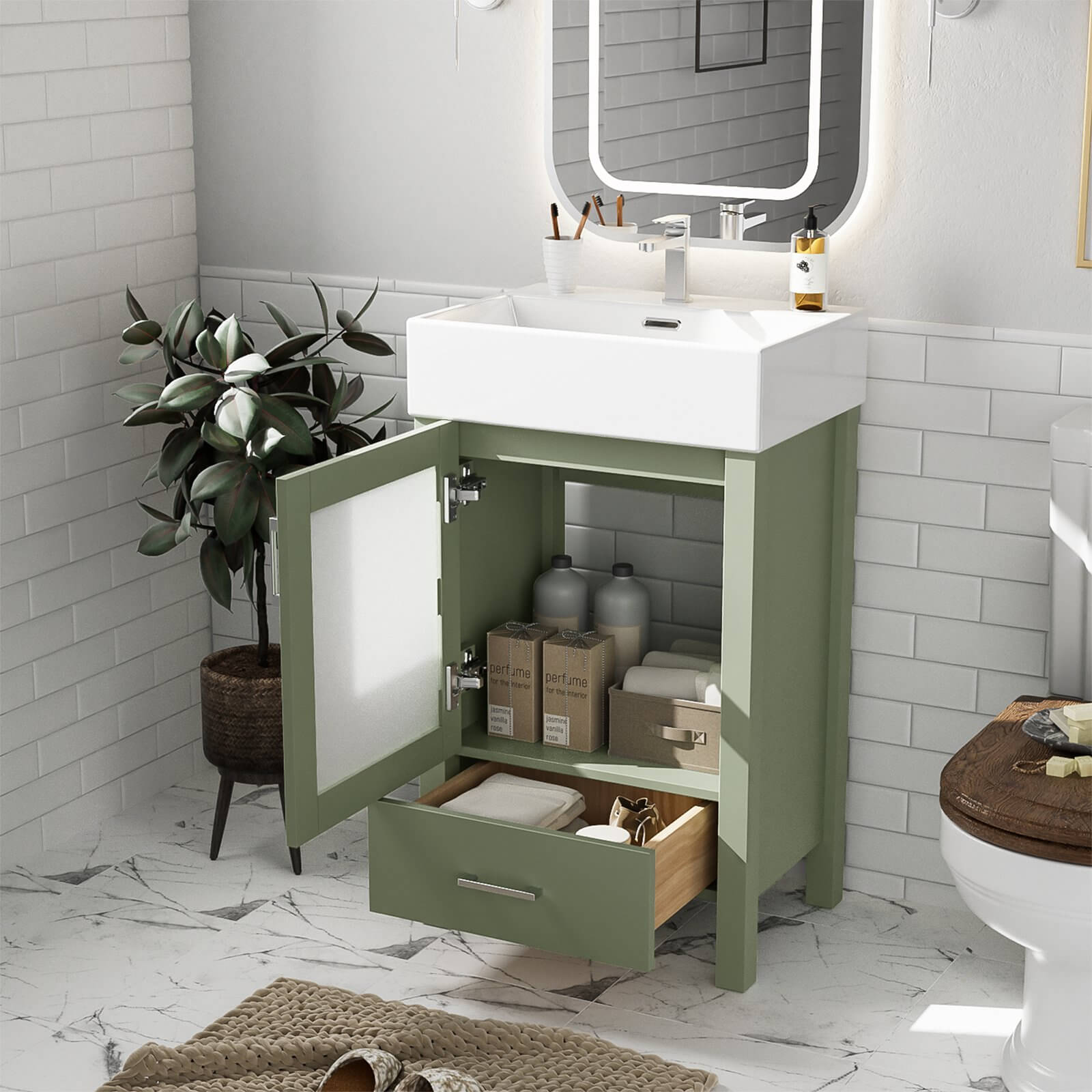 Modern 20-inch green bathroom vanity with storage drawer