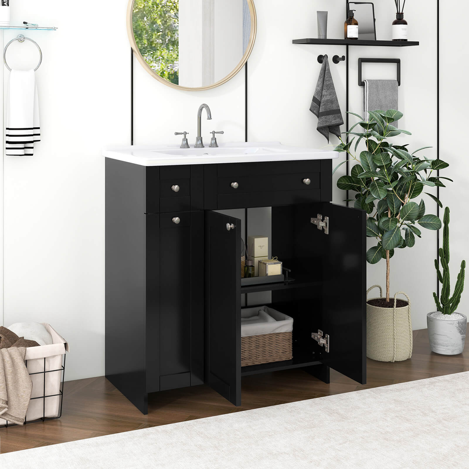 Modern 30-inch black vanity with practical soft-close design