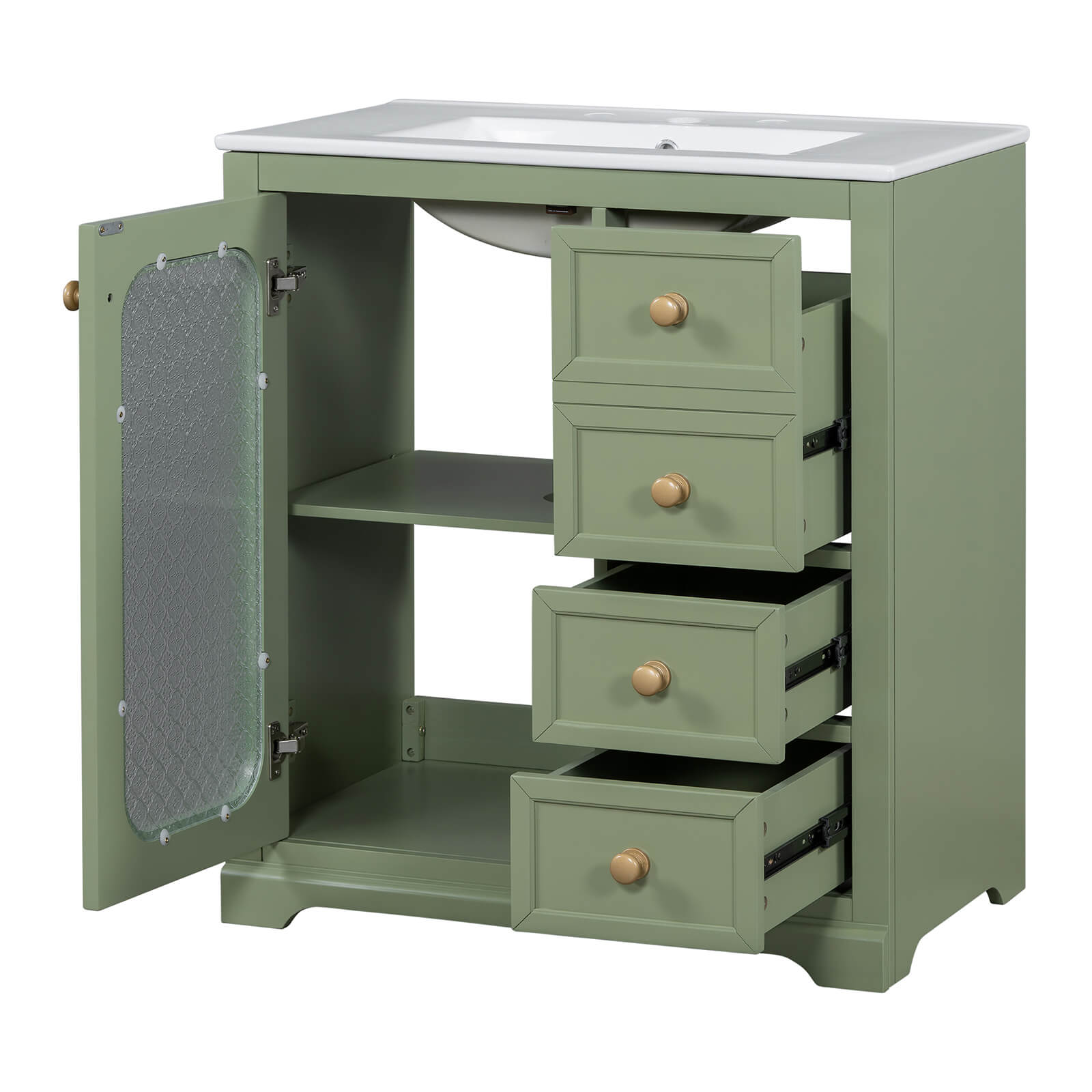 Modern 30-inch green bathroom vanity with soft-close drawers