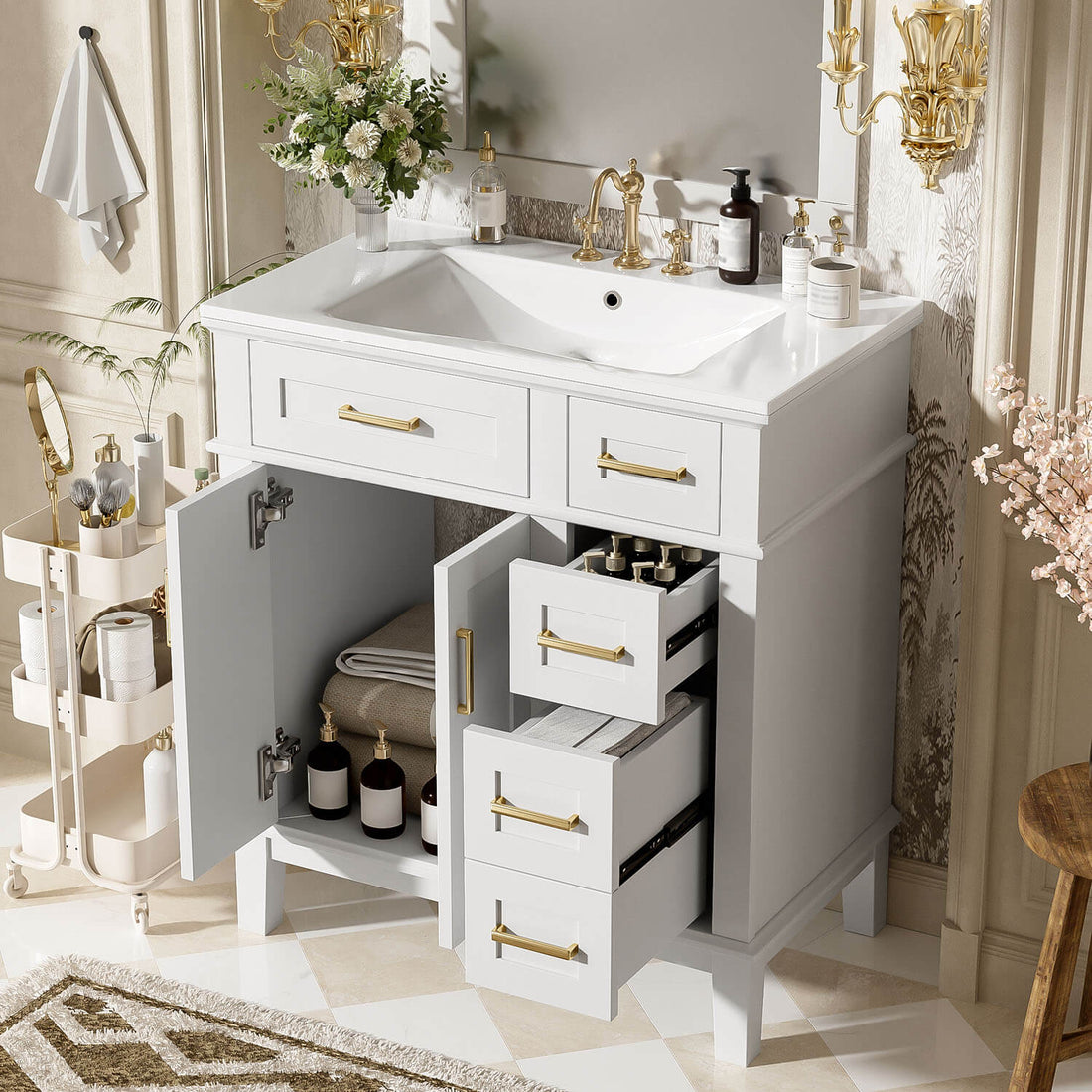 Modern 30 inch White Solid Wood Bathroom Storage Vanity