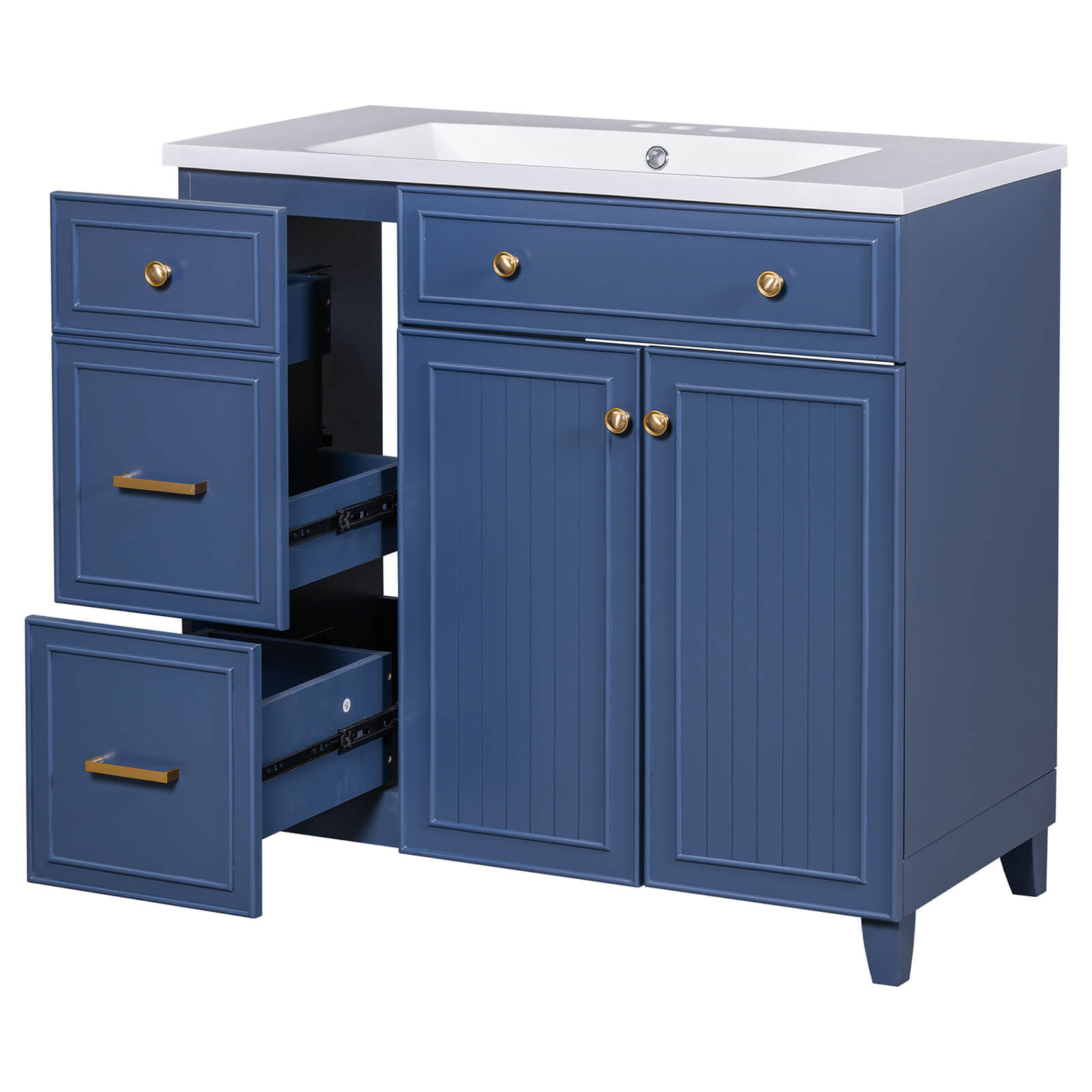 Modern 36-inch vanity with navy blue finish and storage