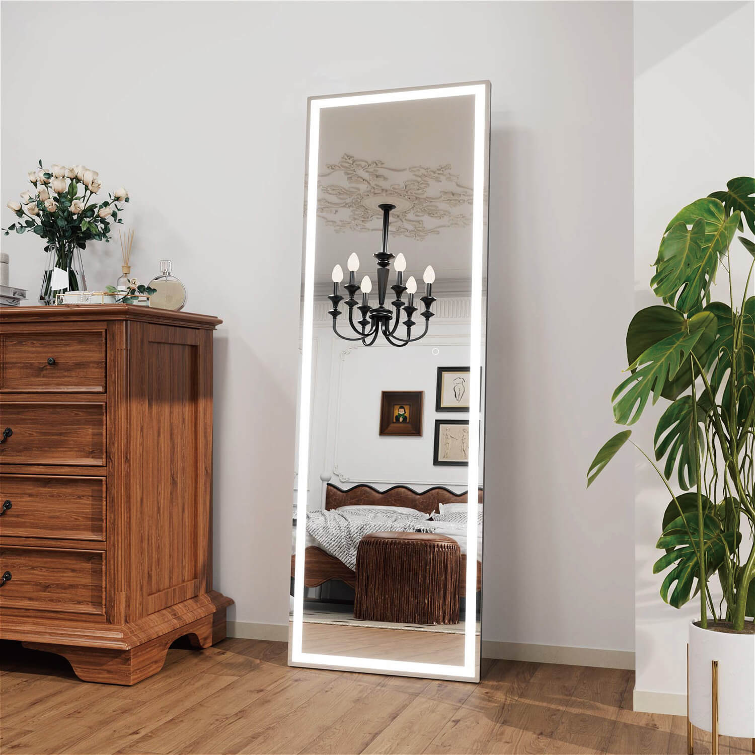 Modern LED full body mirror with dimmable edge lighting and decorative appearance