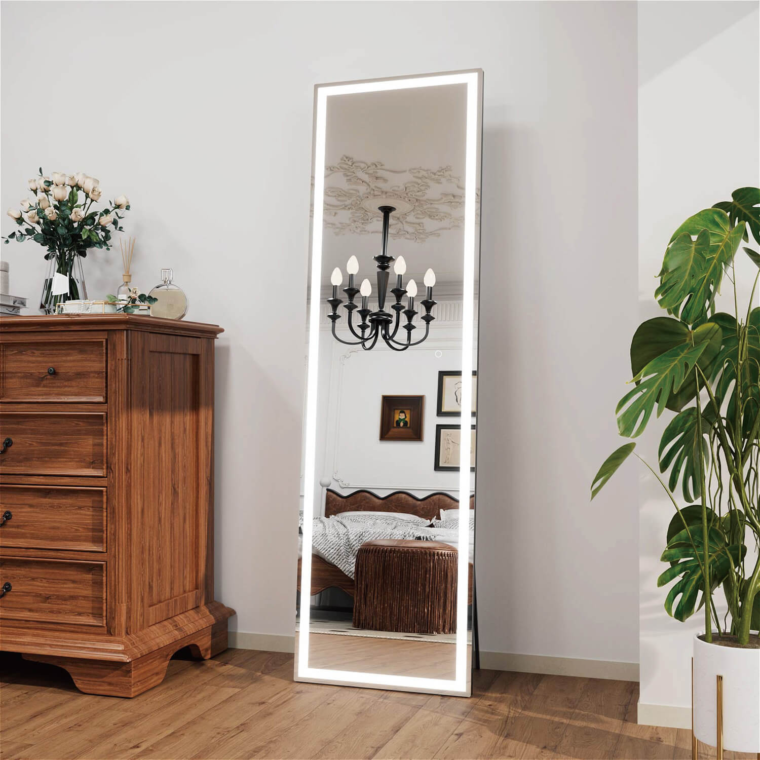 Modern LED full body mirror with dimmable edge lighting and decorative design