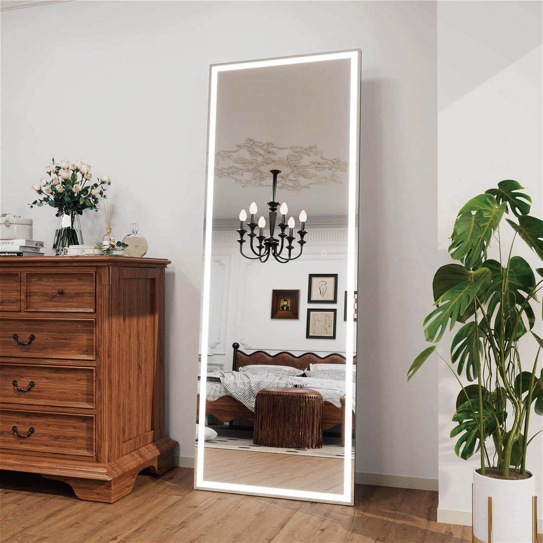 Modern LED full body mirror with dimmable edge lighting and minimalist frame