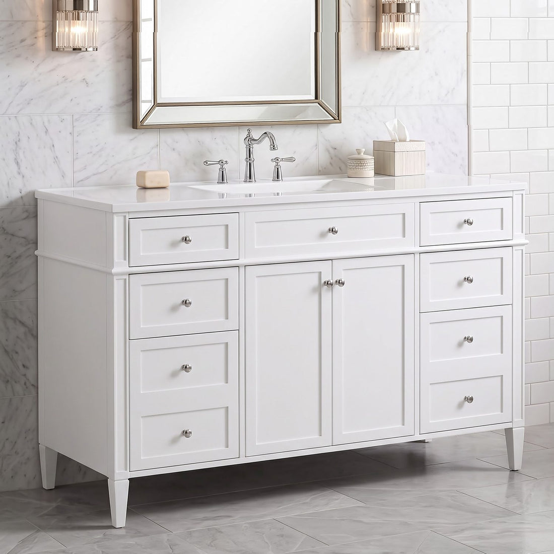 Modern White 48 inch Freestanding Bathroom Vanity Side Angle Scene Setup