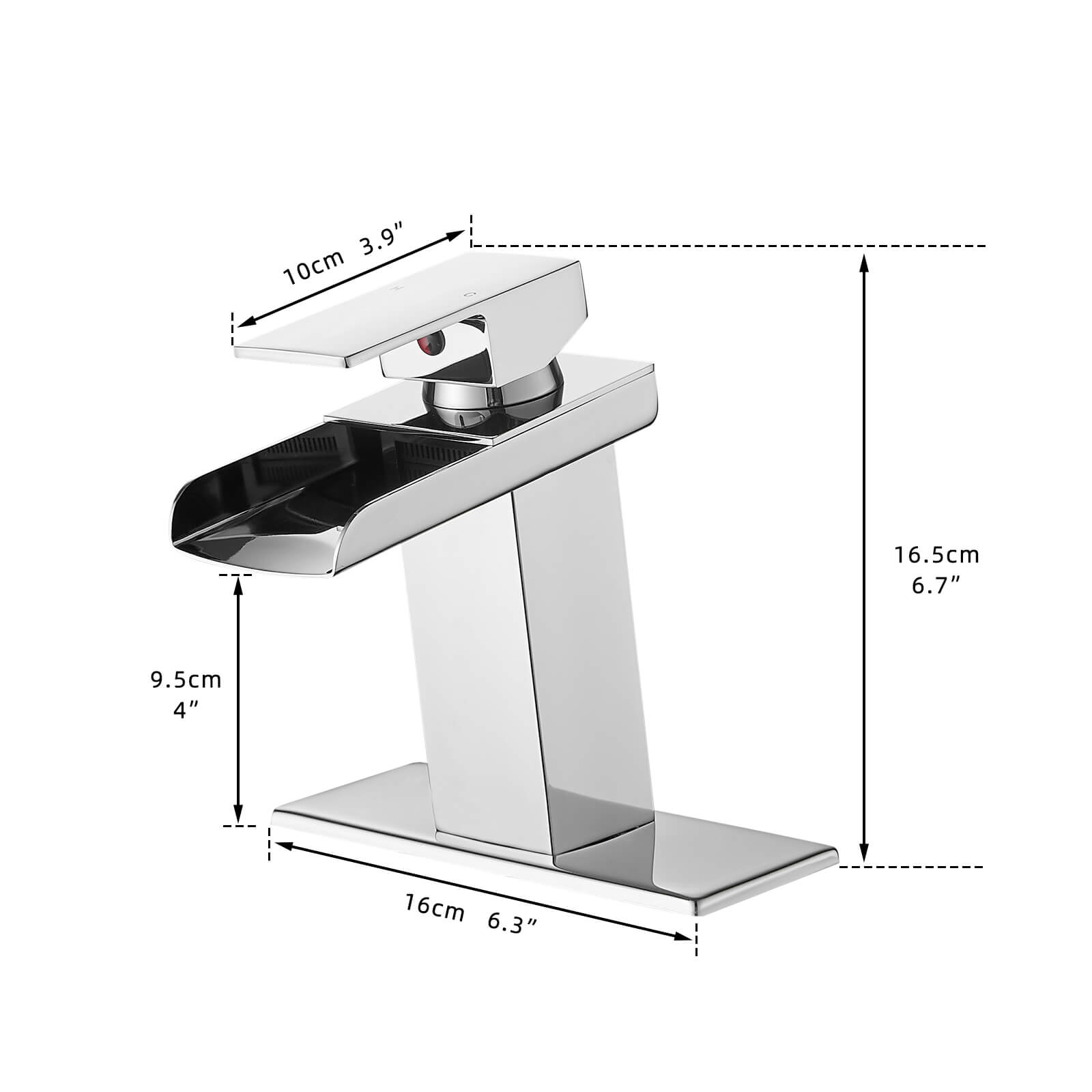 Grifo de lavabo de baño tipo cascada con placa de cubierta de estilo contemporáneo, apto para 1 o 3 orificios y disponible en 2 colores.