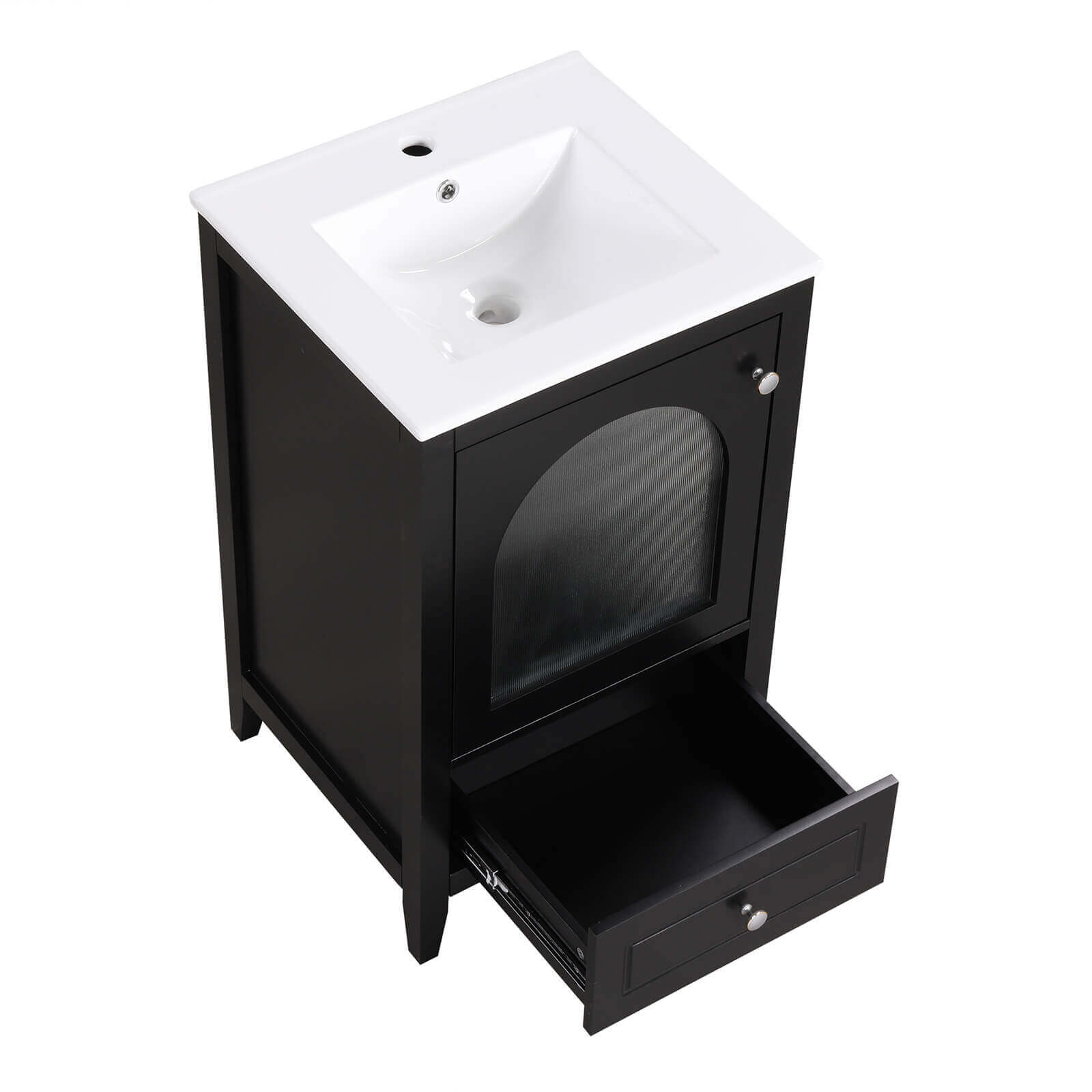 Modern black bathroom vanity with silver metal knobs