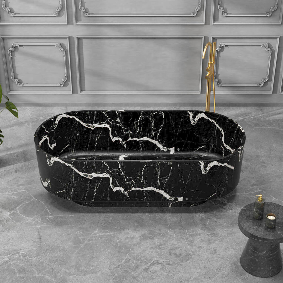 Modern black oval bathtub with luxury marble pattern design