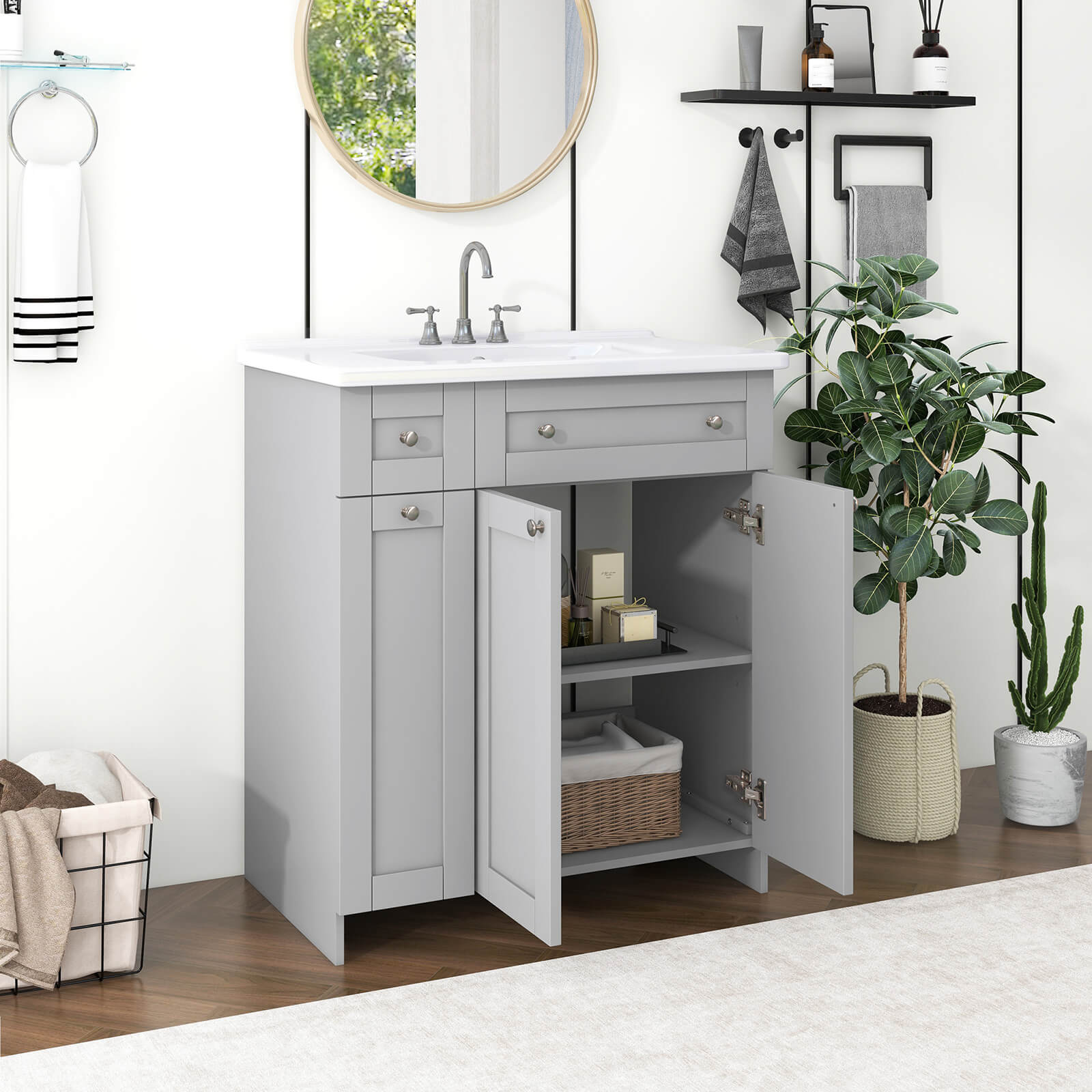 Modern gray bathroom vanity with practical storage solutions