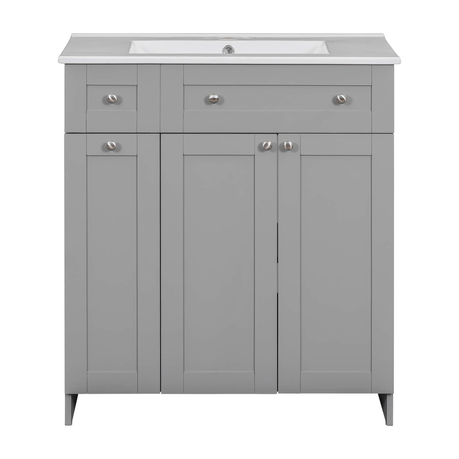 Modern gray vanity with two doors and one soft-close drawer