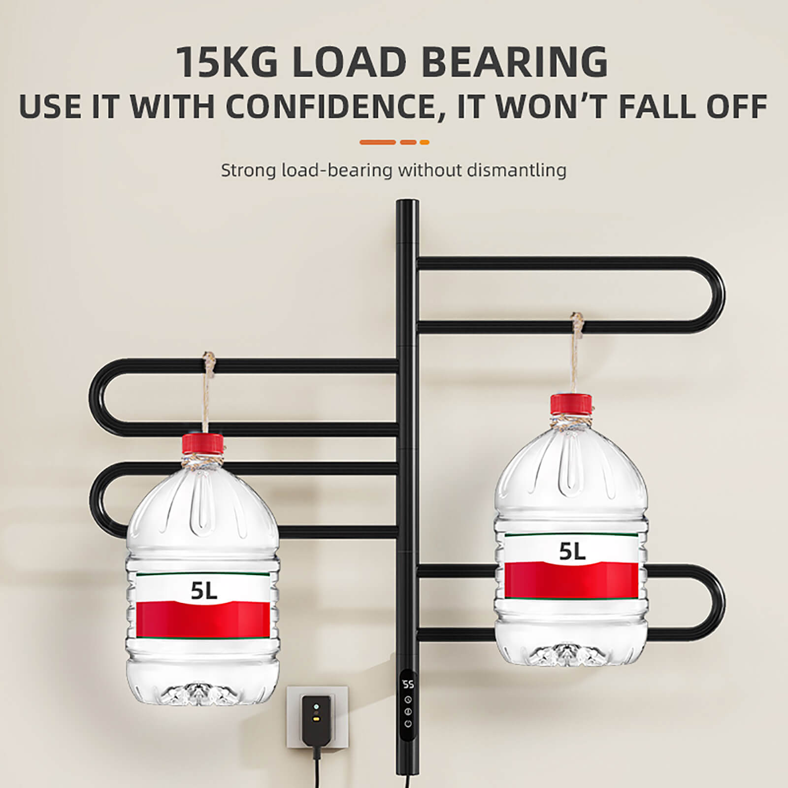 Modern matte black wall mounted bathroom towel heater with 2 bottles of water hanging on it