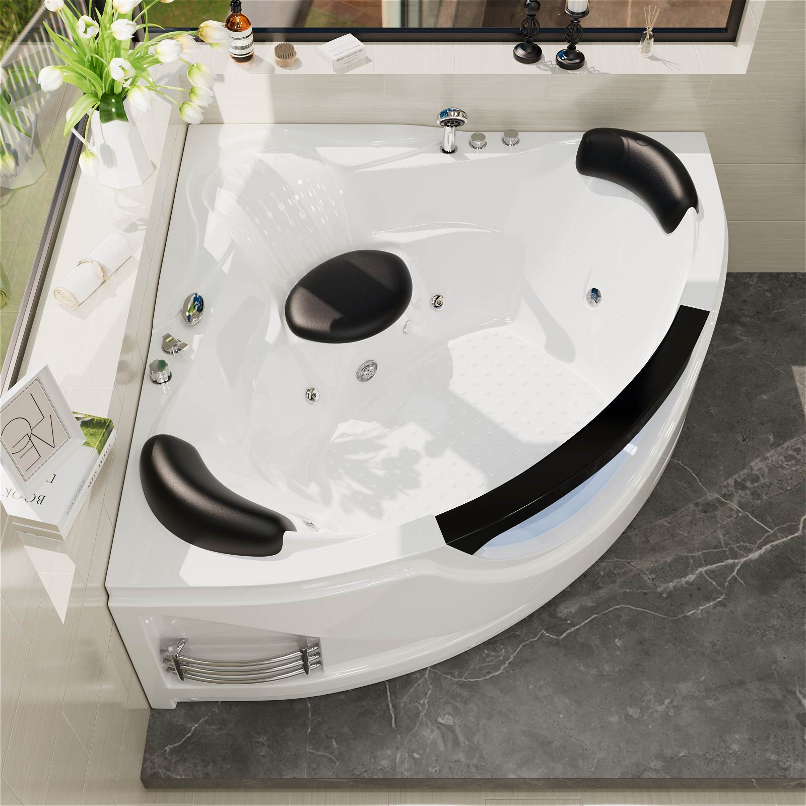 Modern white acrylic corner whirlpool tub with black accents and LED lighting