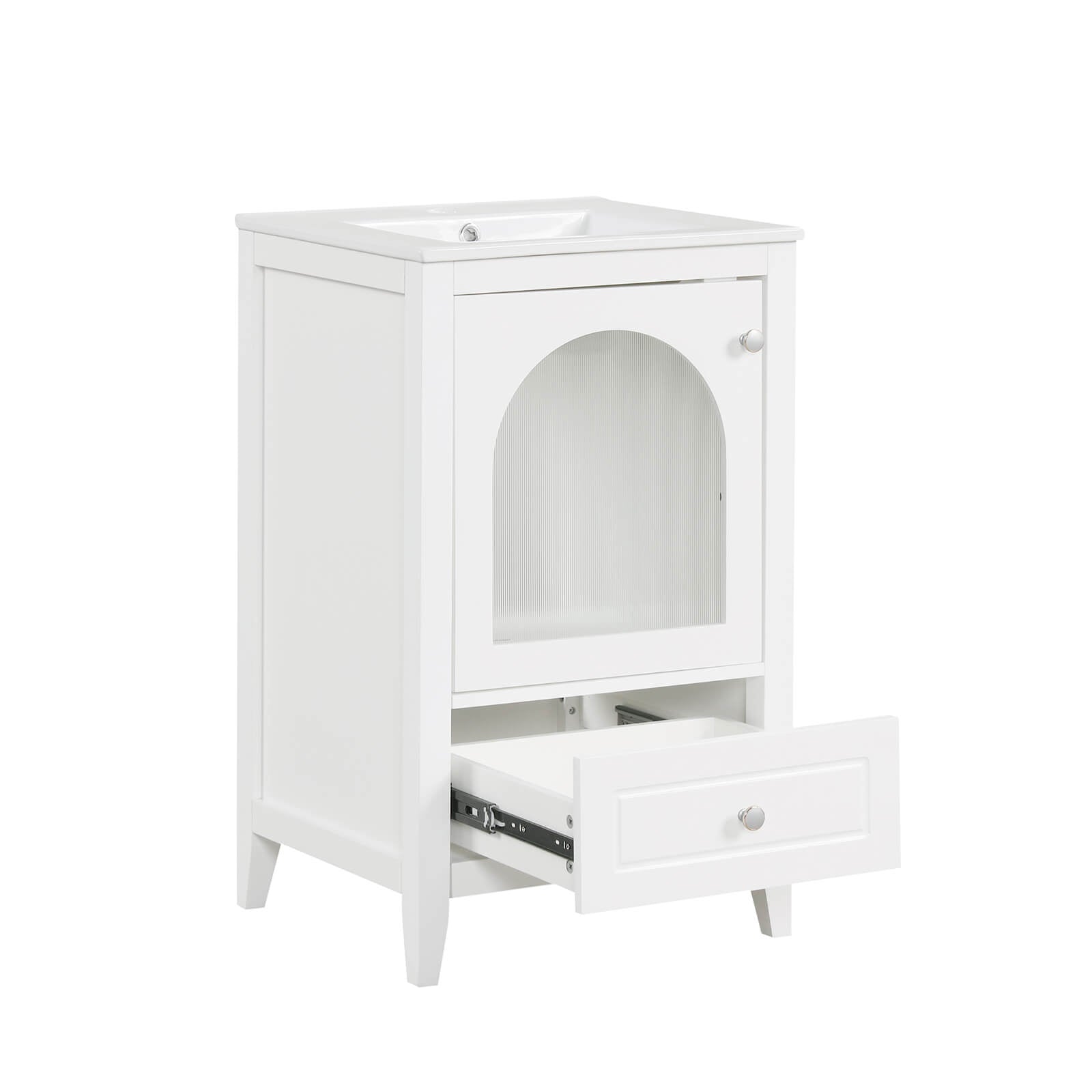 Modern white bathroom vanity with ample storage space