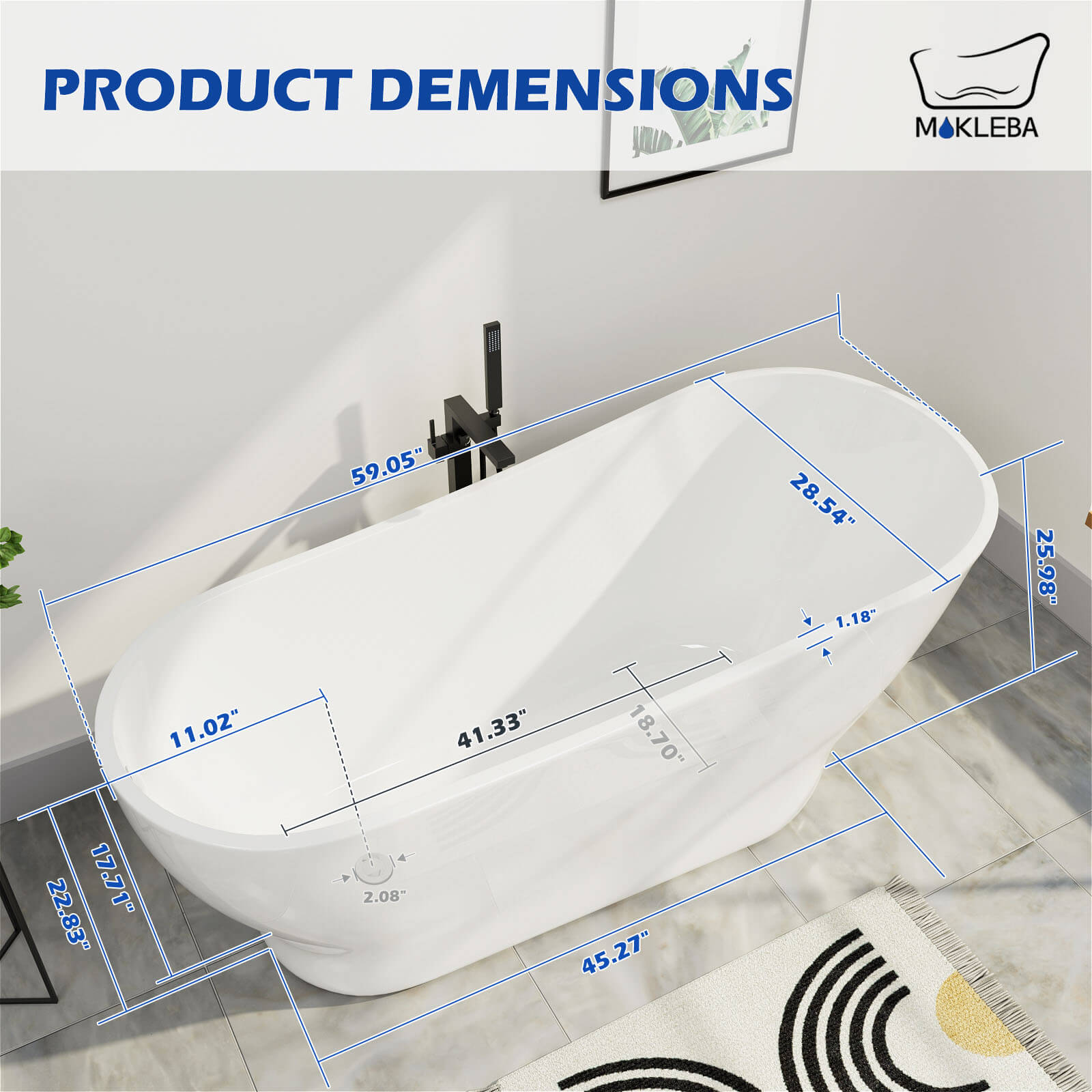 Mokleba 59" Acrylic Single Slipper Tub Curve Shape Freestanding Bathtub