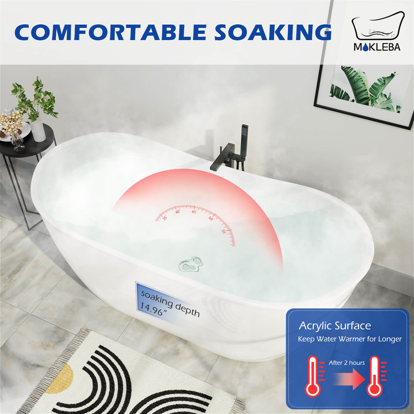 Mokleba 59 Acrylic Double Slipper Deep Soaking Tub