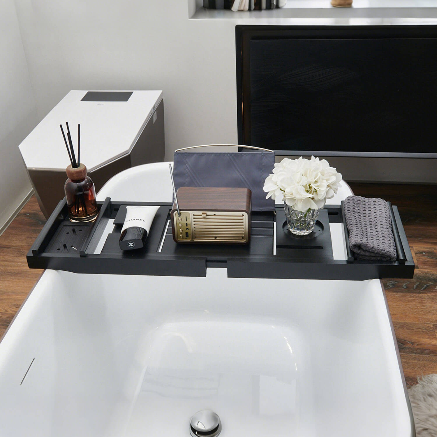 Mokleba Black Bamboo Bathtub Caddy Tray with Soap Tray, Tablet book Holder