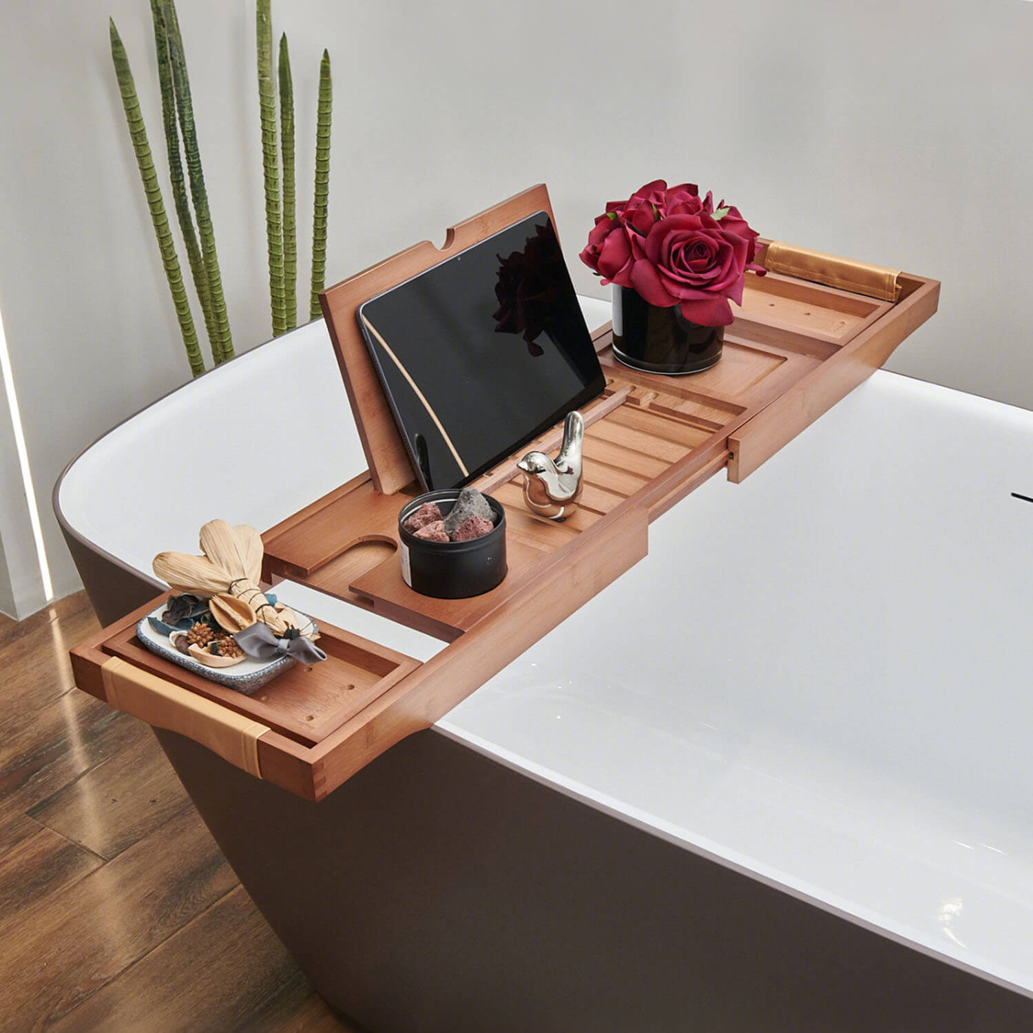 Mokleba Light Walnut Bamboo Bathtub Caddy Tray with Leather Handles