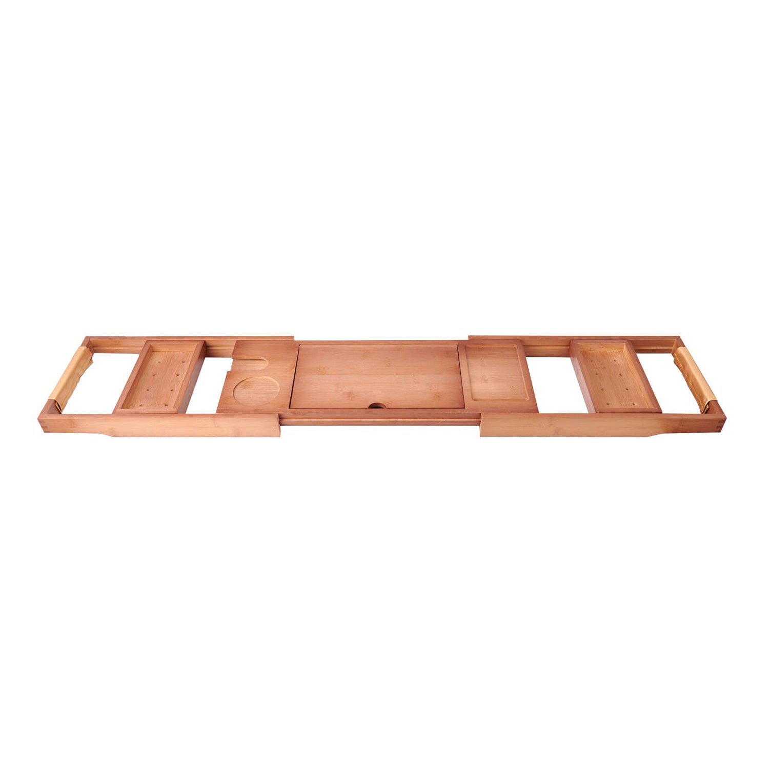 Mokleba Light Walnut Bamboo Expandable Bathtub Caddy Tray with Leather Handles