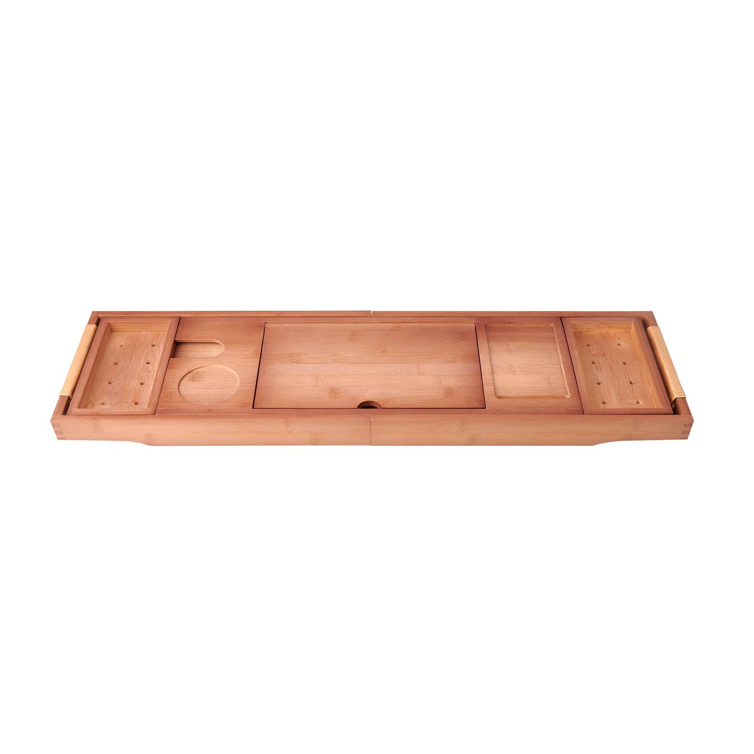 Mokleba Light Walnut Bamboo Expandable Bathtub Caddy Tray with Wine Glass Slot