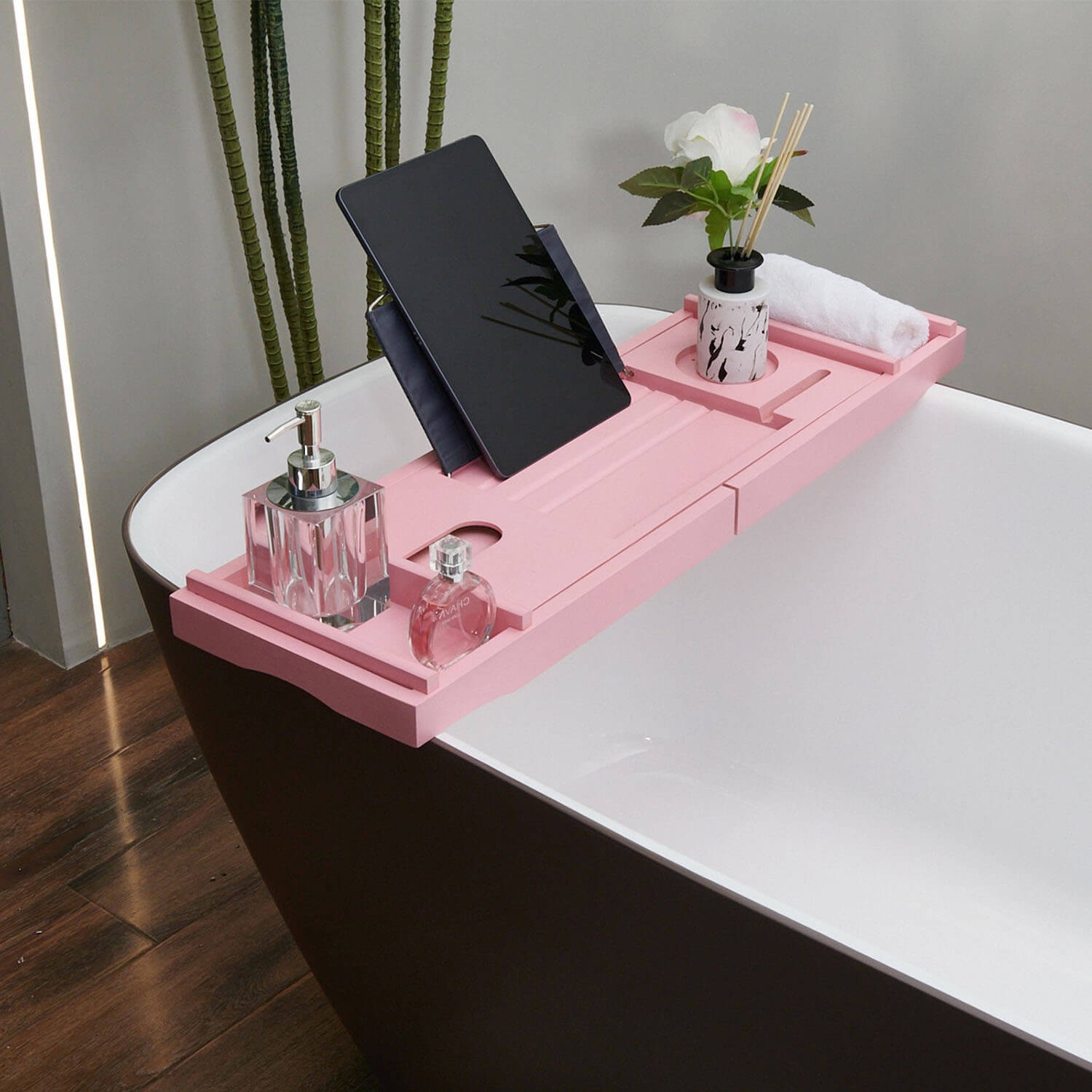 Mokleba Pink Bamboo Bathtub Caddy Tray with Soap Tray Tablet Holder