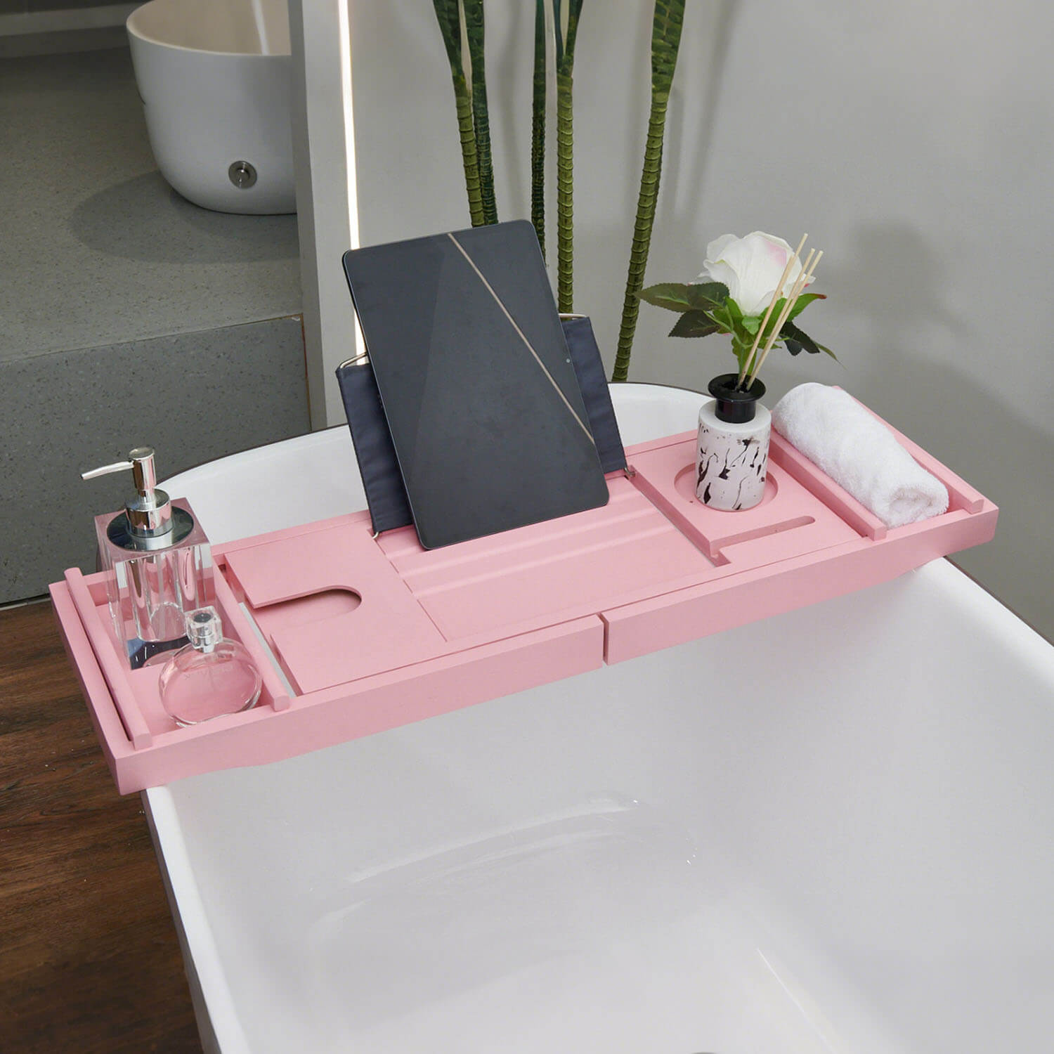 Mokleba Pink Bamboo Bathtub Caddy Tray with Tablet Holder